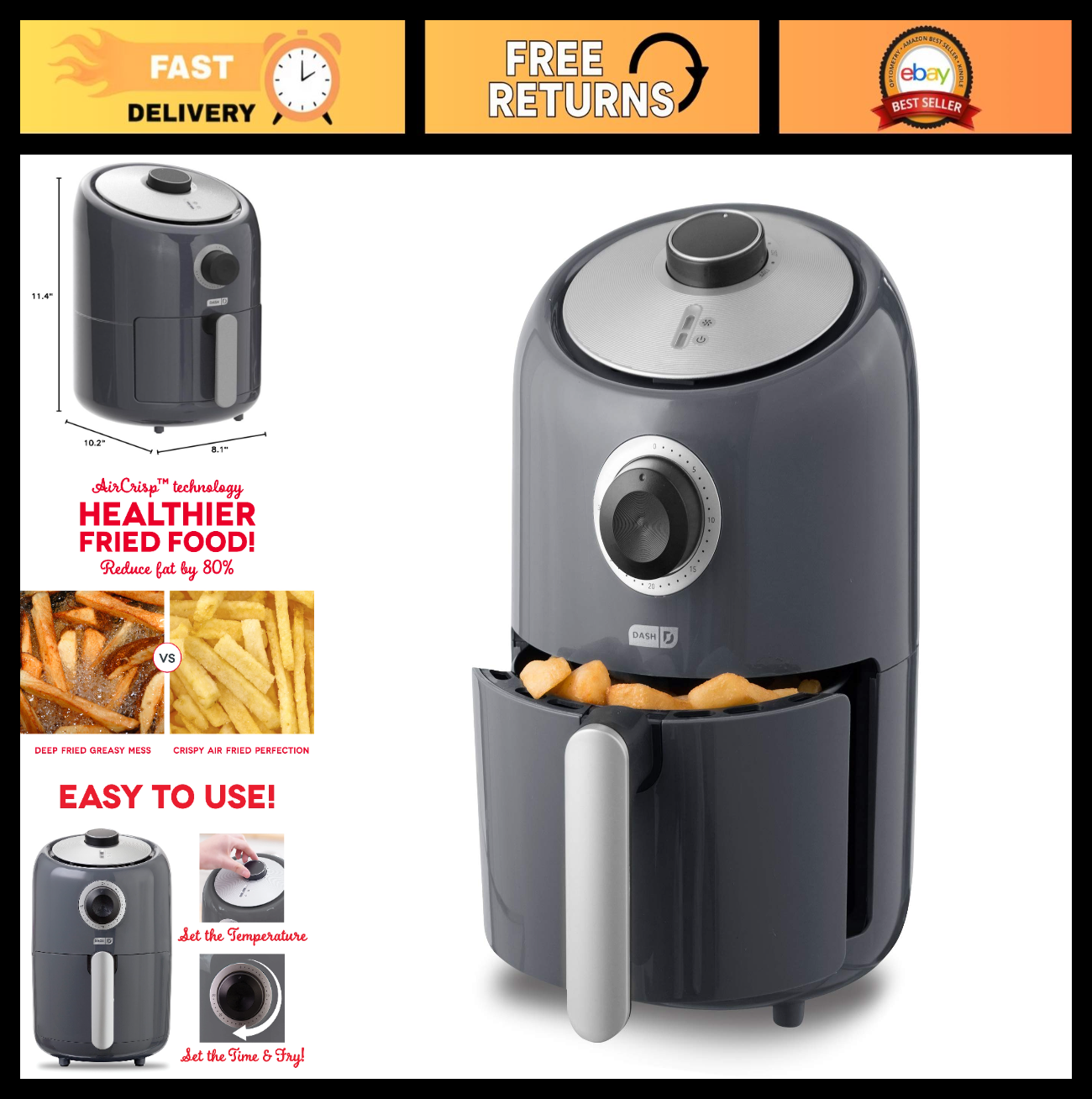 Compact Air Fryer - 2 Quart, Adjustable Temp Control, Auto Shut-Off, Nonstick Ba0