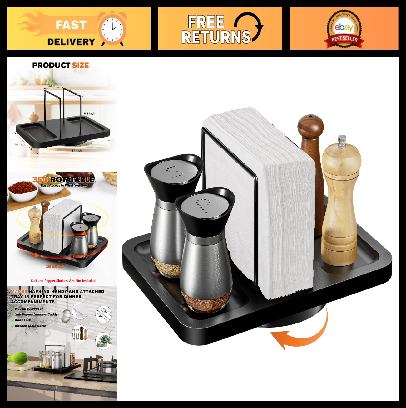 Rotating Bamboo Napkin Holder & Metal Caddy for Kitchen, Bathroom, Farmhouse Dec0