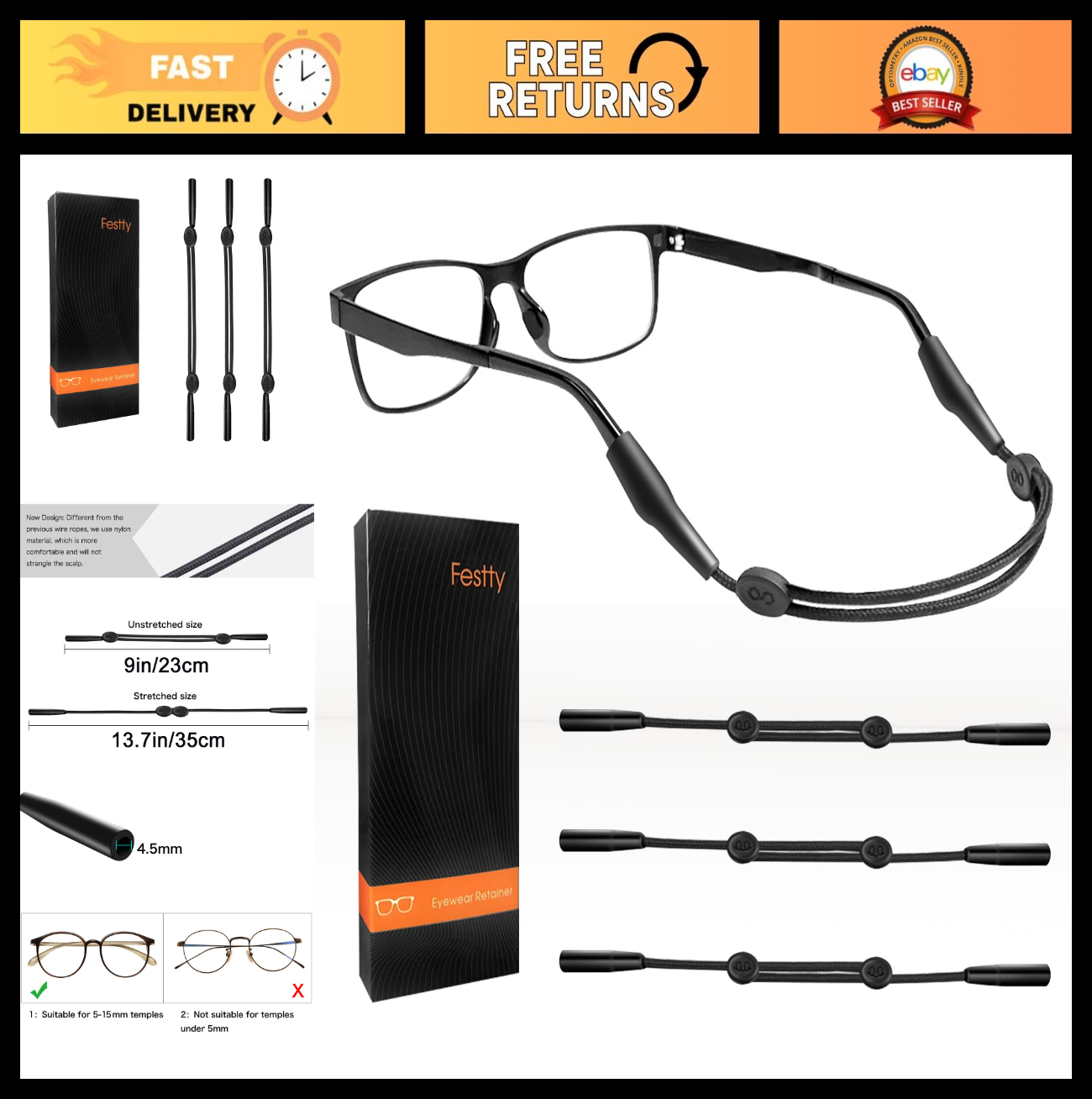Adjustable Non-Slip Glasses Strap Lanyard - 3 Pack for Kids & Adults, Black0