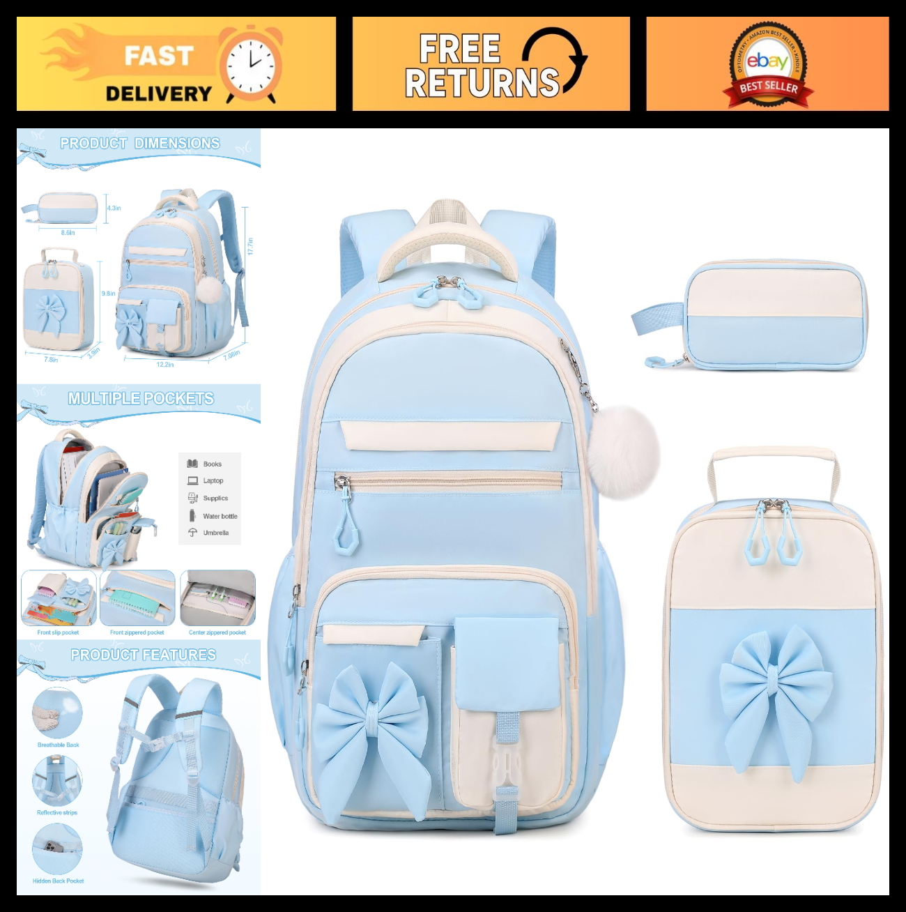 Cute Girls Backpack Set with Lunch Bag & Pencil Case   Stylish School Bag for Ki0