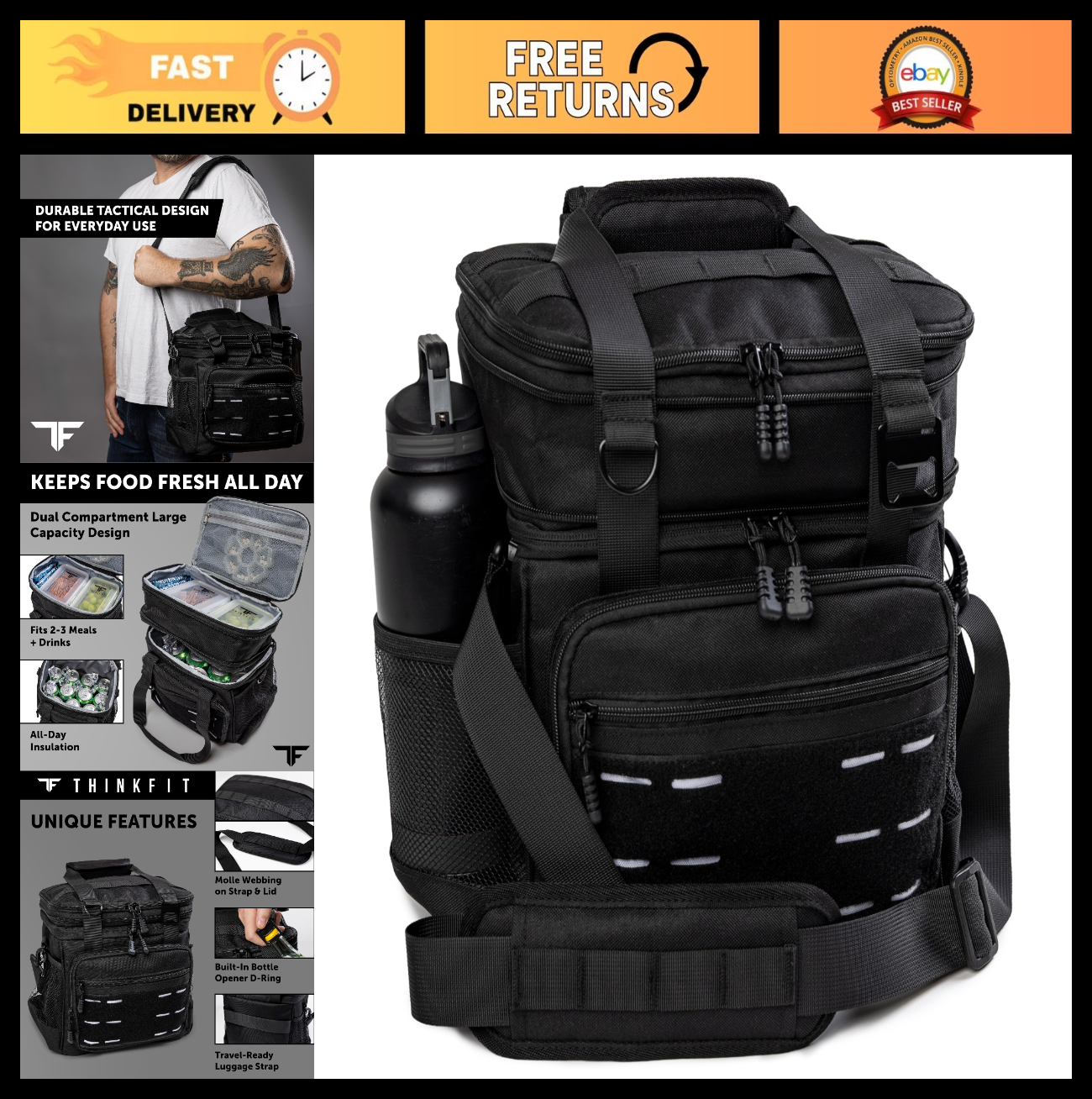 Tactical Insulated Lunch Bag - Heavy Duty Meal Prep Cooler - Large Capacity, Wat0