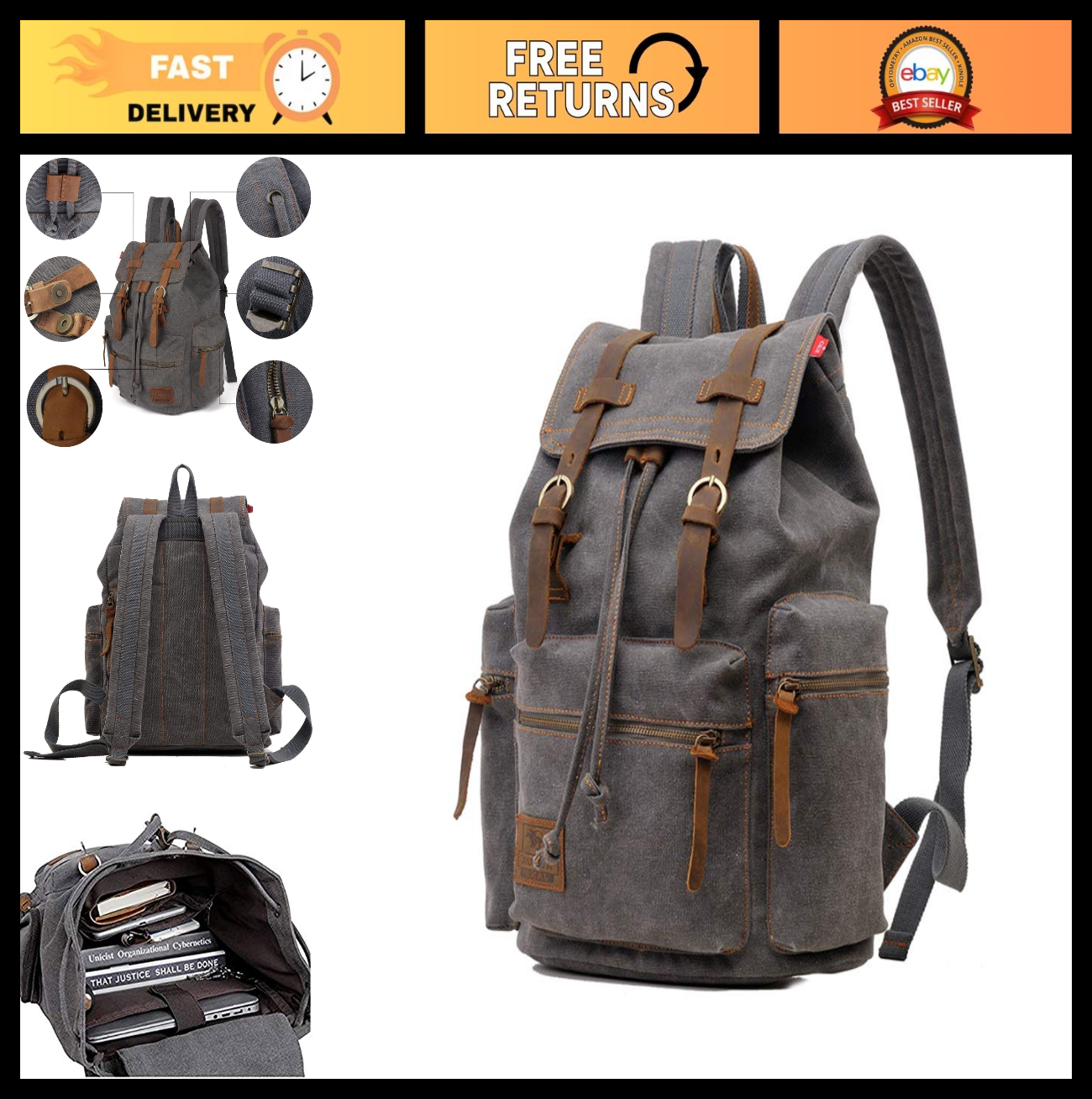 Vintage Canvas Backpack with Leather Trim, Padded Laptop Sleeve 12" 17", Travel0