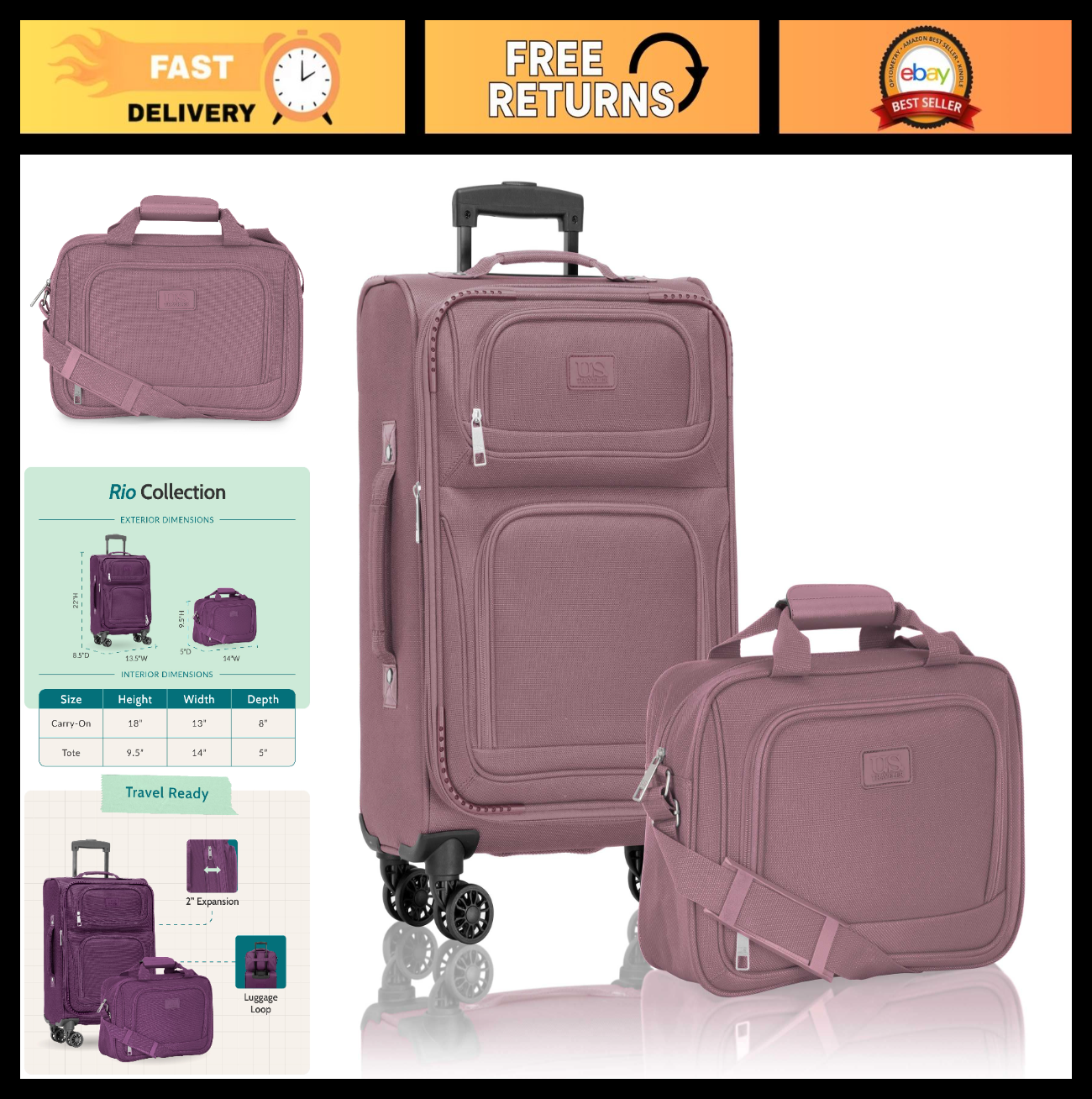 Lightweight Softside Rolling Carry-on Suitcase, 4-Wheel Travel Luggage Set - Mau0