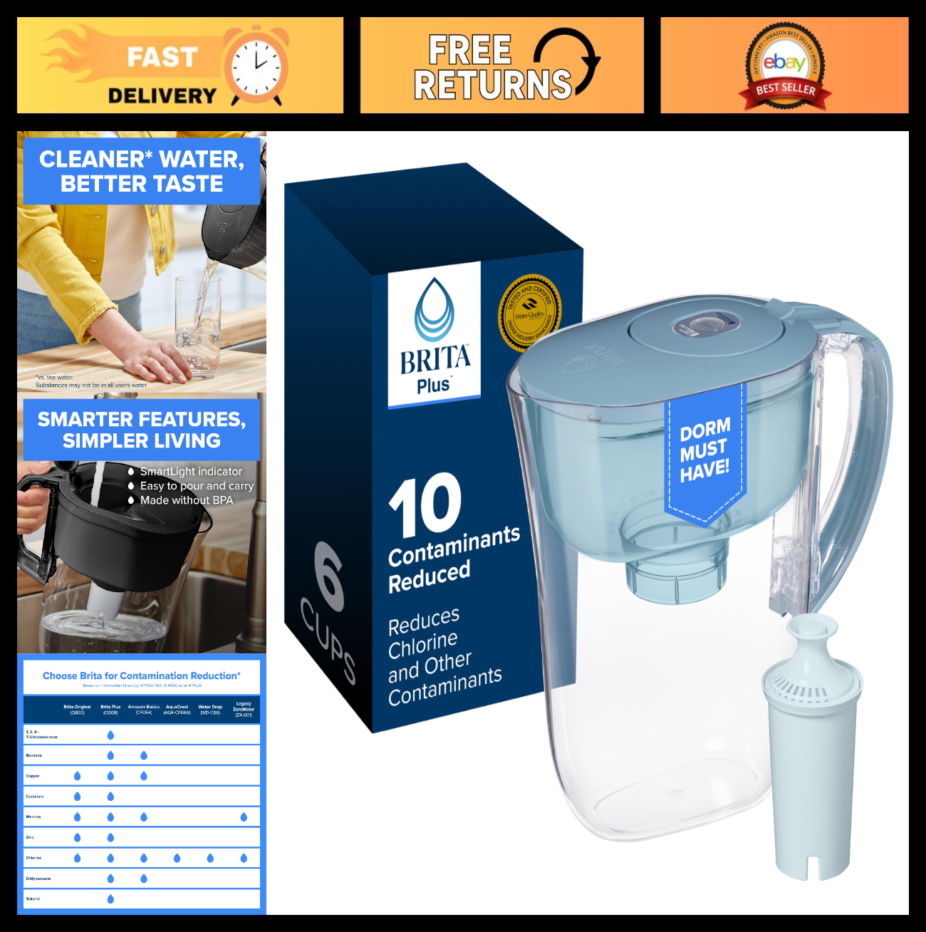 6 Cup Water Filter Pitcher with 1 Filter   Reduces Chlorine, Copper, Mercury & C0