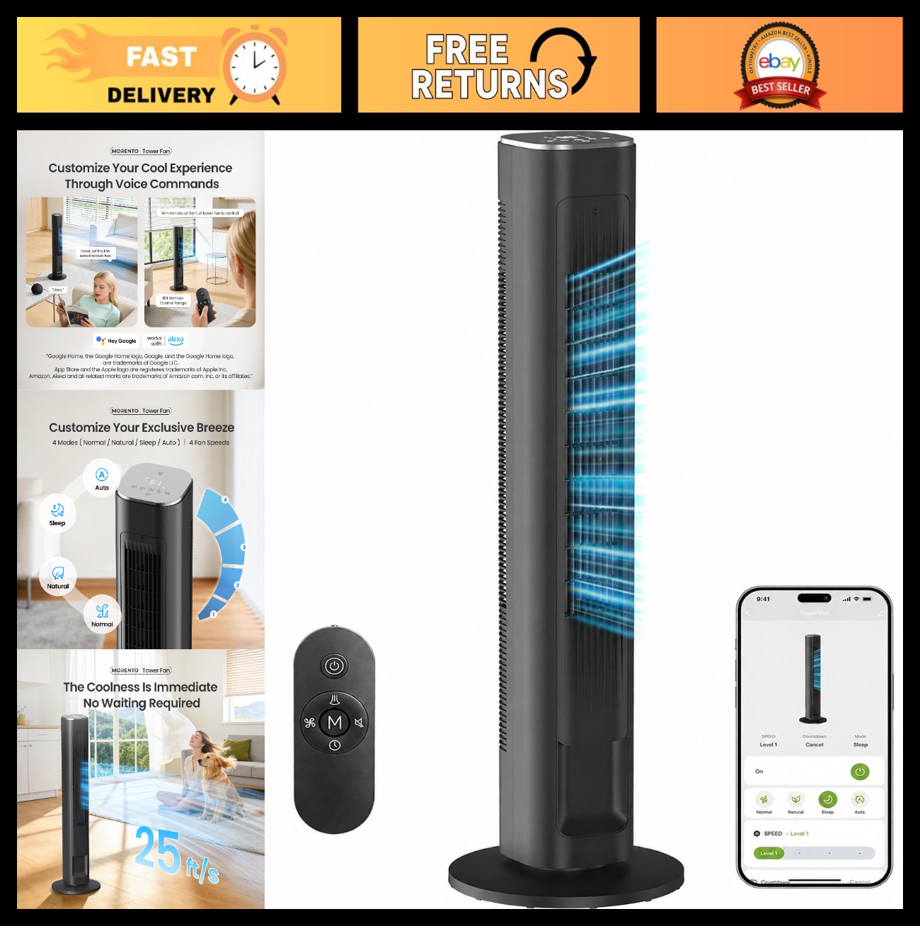 42.8" Smart Tower Fan   90° Oscillation, 12H Timer, 4 Modes, Quiet 28dB, Remote0