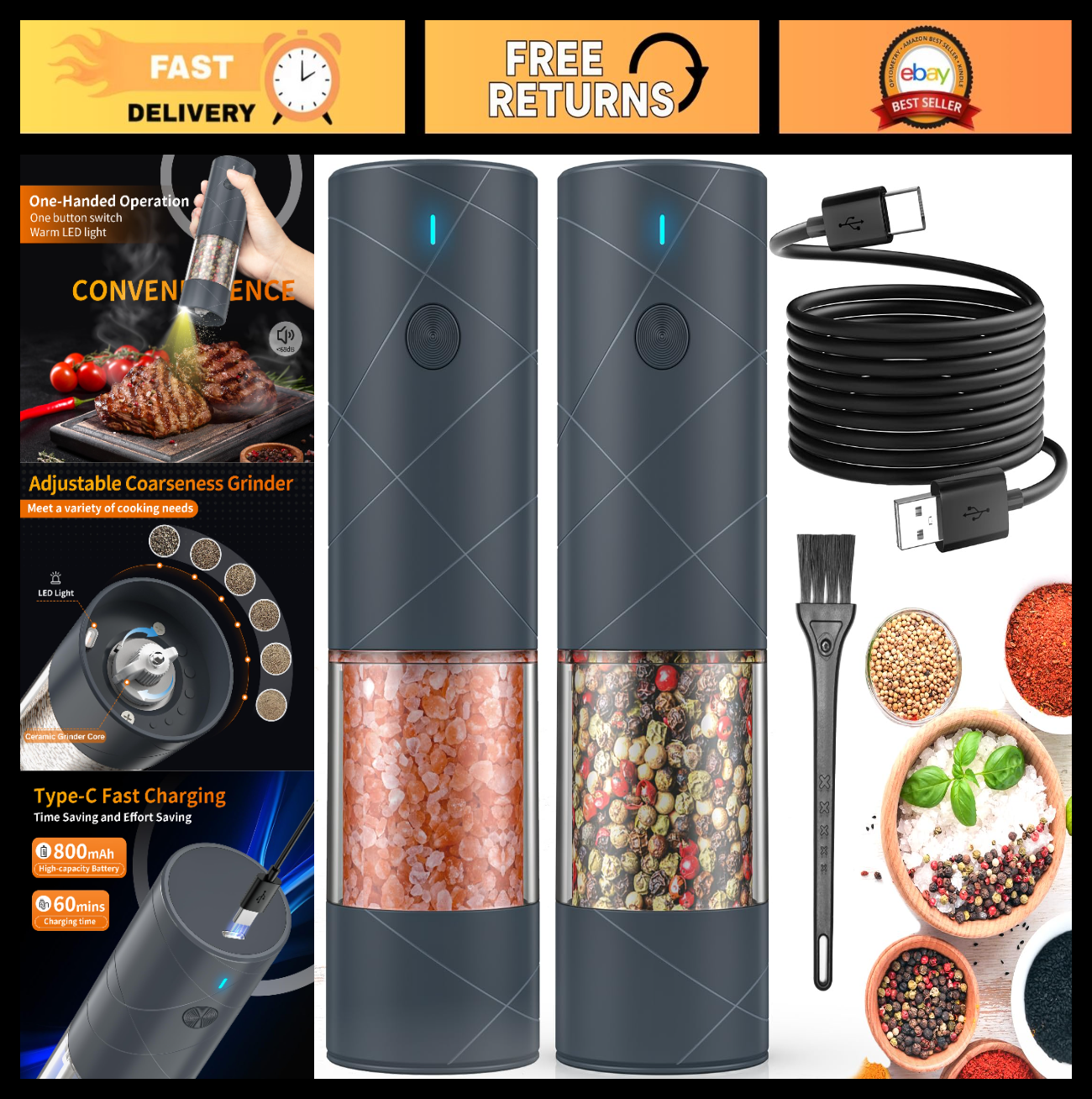2 Pack USB Rechargeable Electric Salt & Pepper Grinders with LED Light, Adjustab0