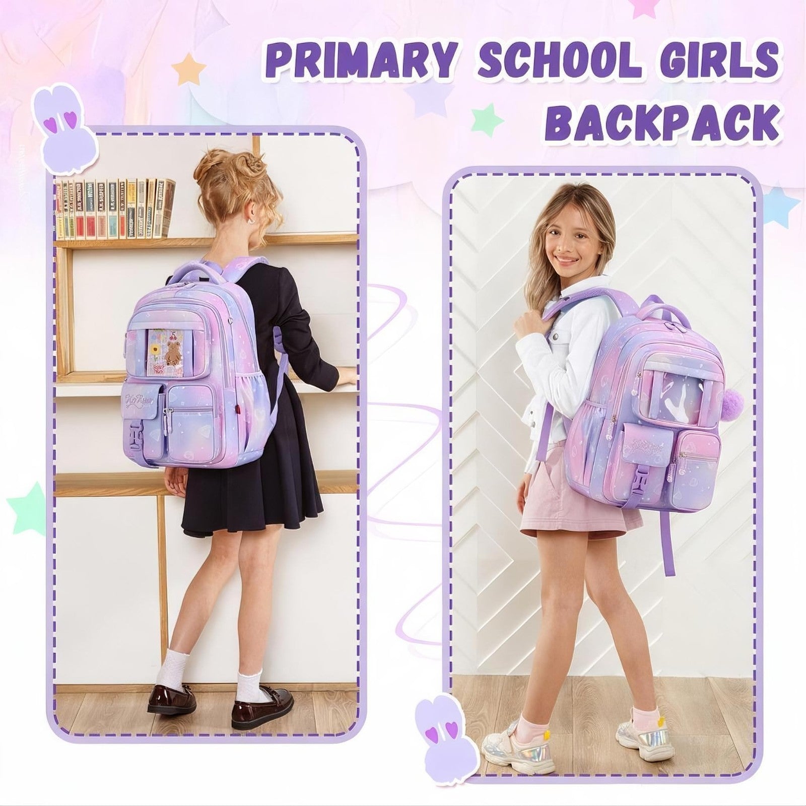 Kawaii Purple Kids Backpack - School Bag for Girls, Middle & Elementary Students8