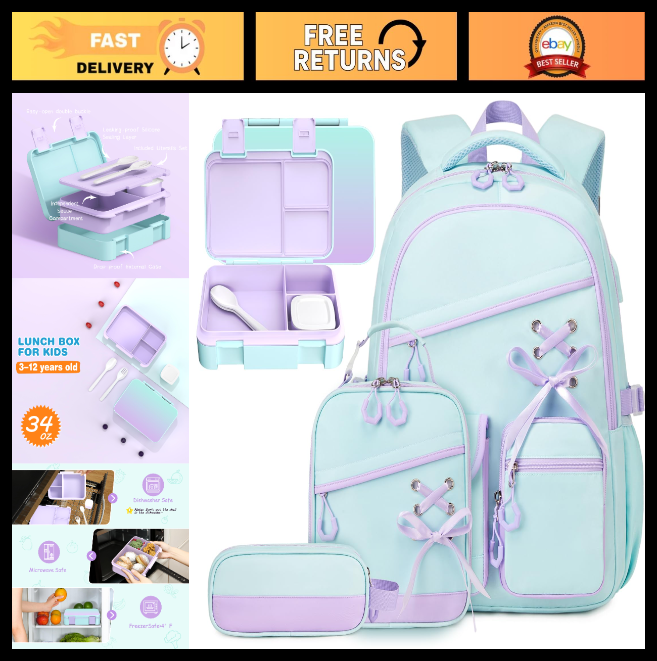 Girls' Backpacks Set   6PCS with Bento Box, Lunch Bag & Pencil Pouch   Aquamarin0