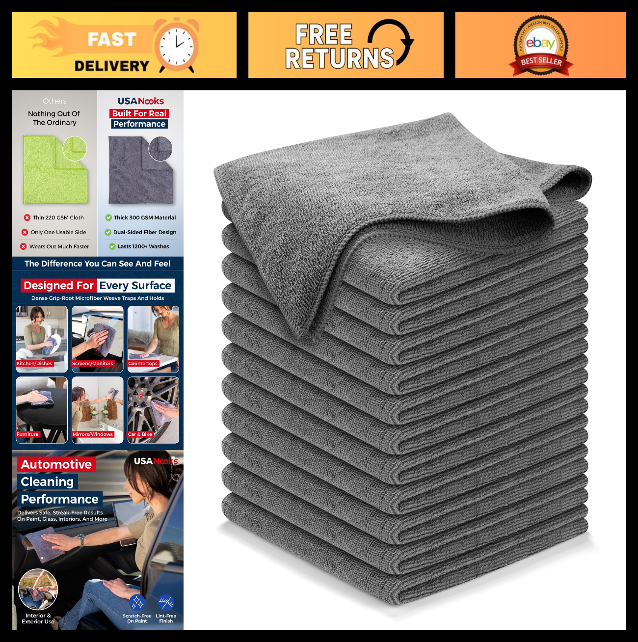 12 Pack Microfiber Cleaning Cloths 12.5"x12.5"   Ultra Absorbent, Streak Free, 10