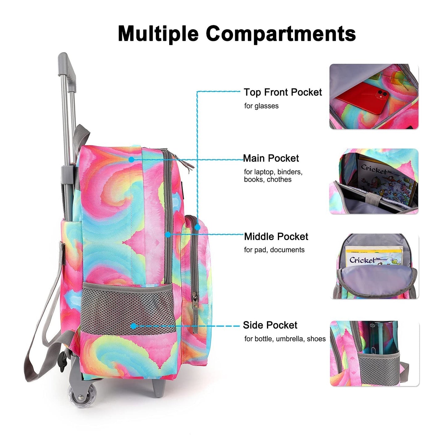 Wheeled Kids Backpack 18" with Lunch Bag, Double Handle Rolling Backpack, Starli3