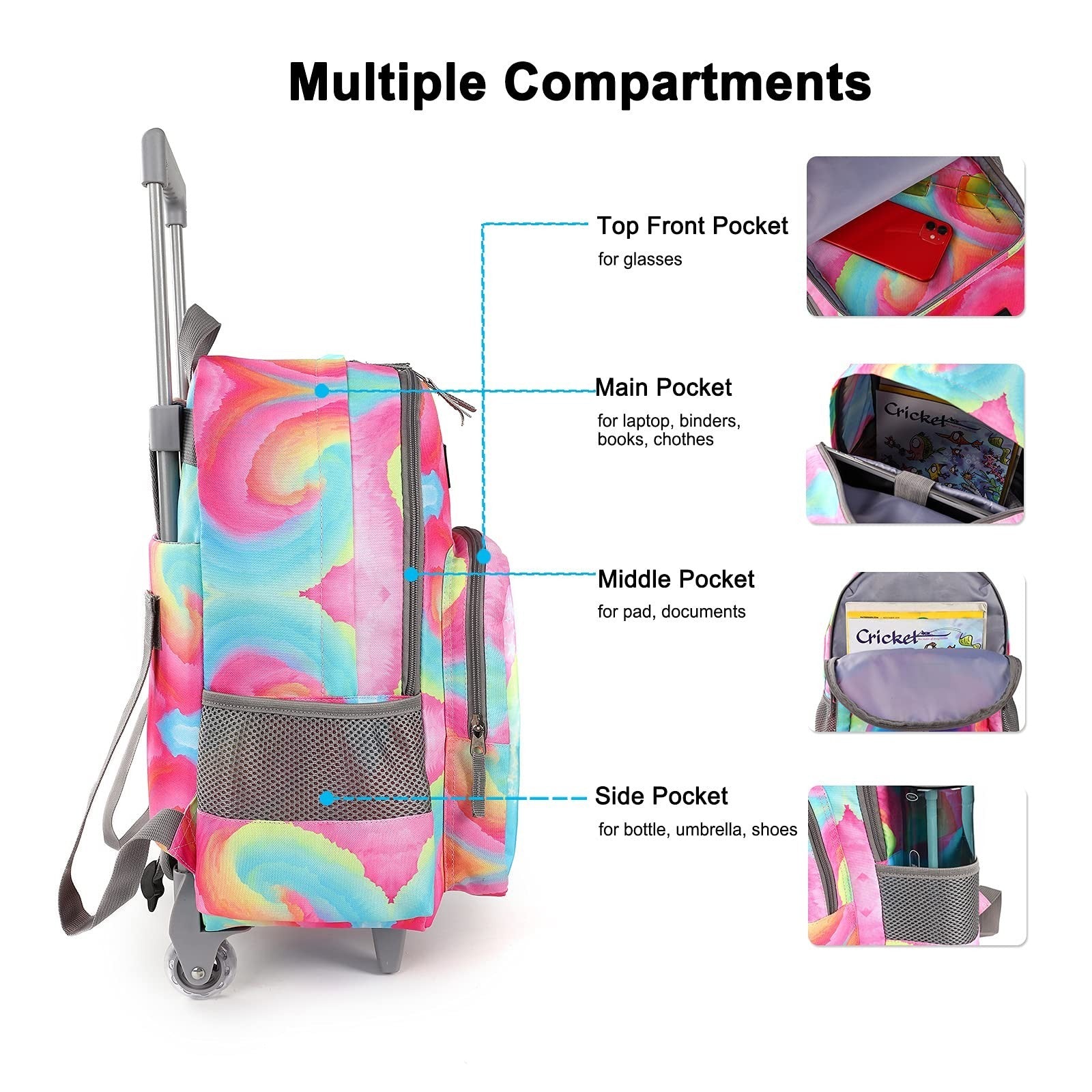 Wheeled Kids Backpack 18" with Lunch Bag, Double Handle Rolling Backpack, Starli3