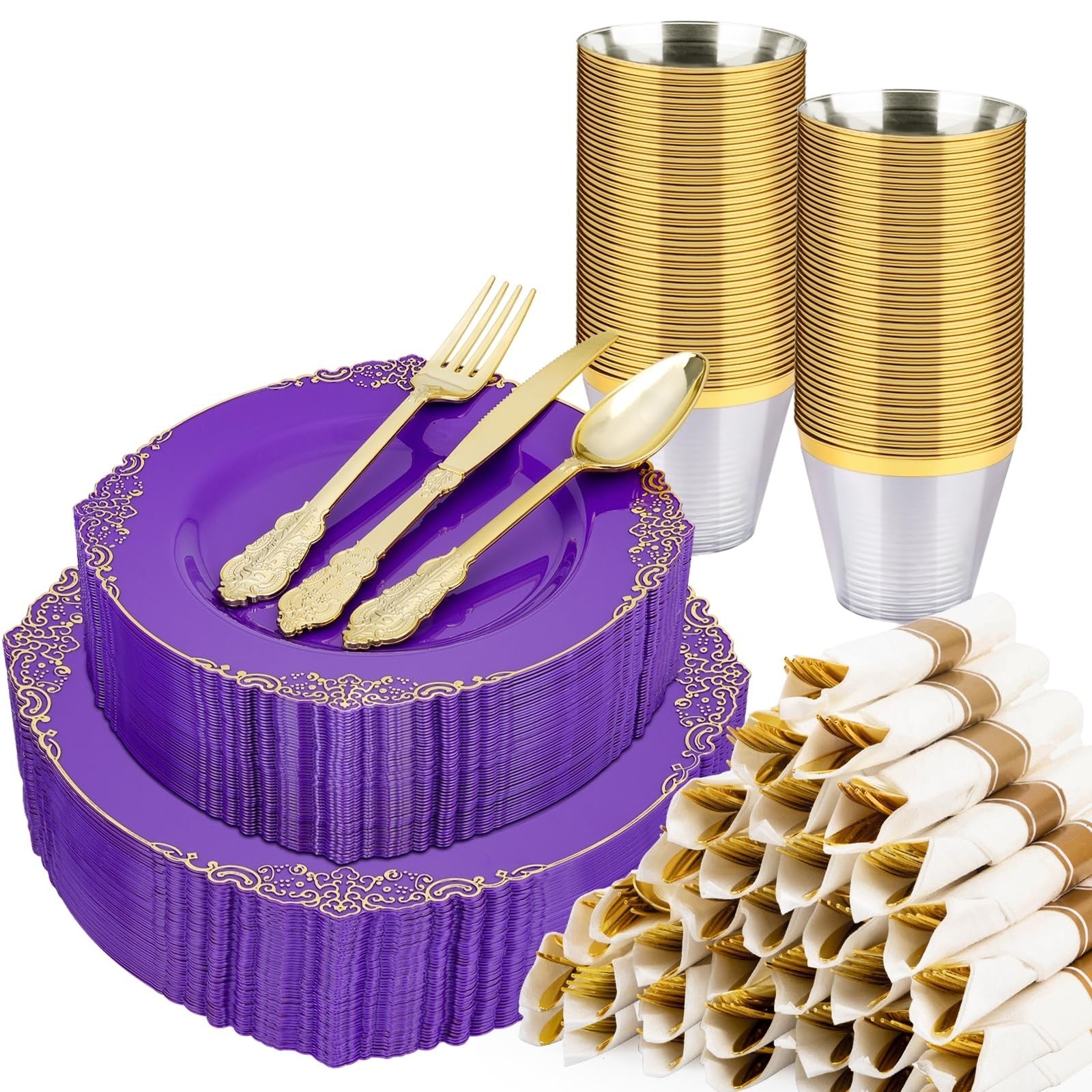 350-Piece Purple & Gold Disposable Dinnerware Set for 50 Guests | Plates, Silver0