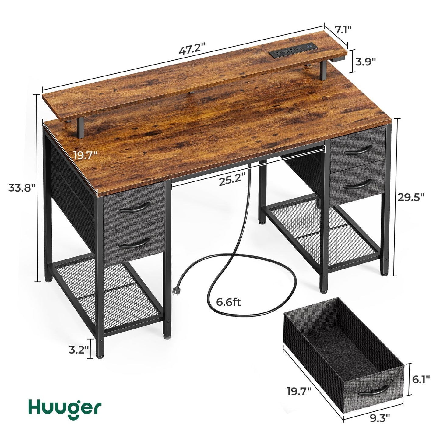 47-Inch Gaming Desk with LED Lights, Power Outlets & 4 Drawers - Rustic Home Off2