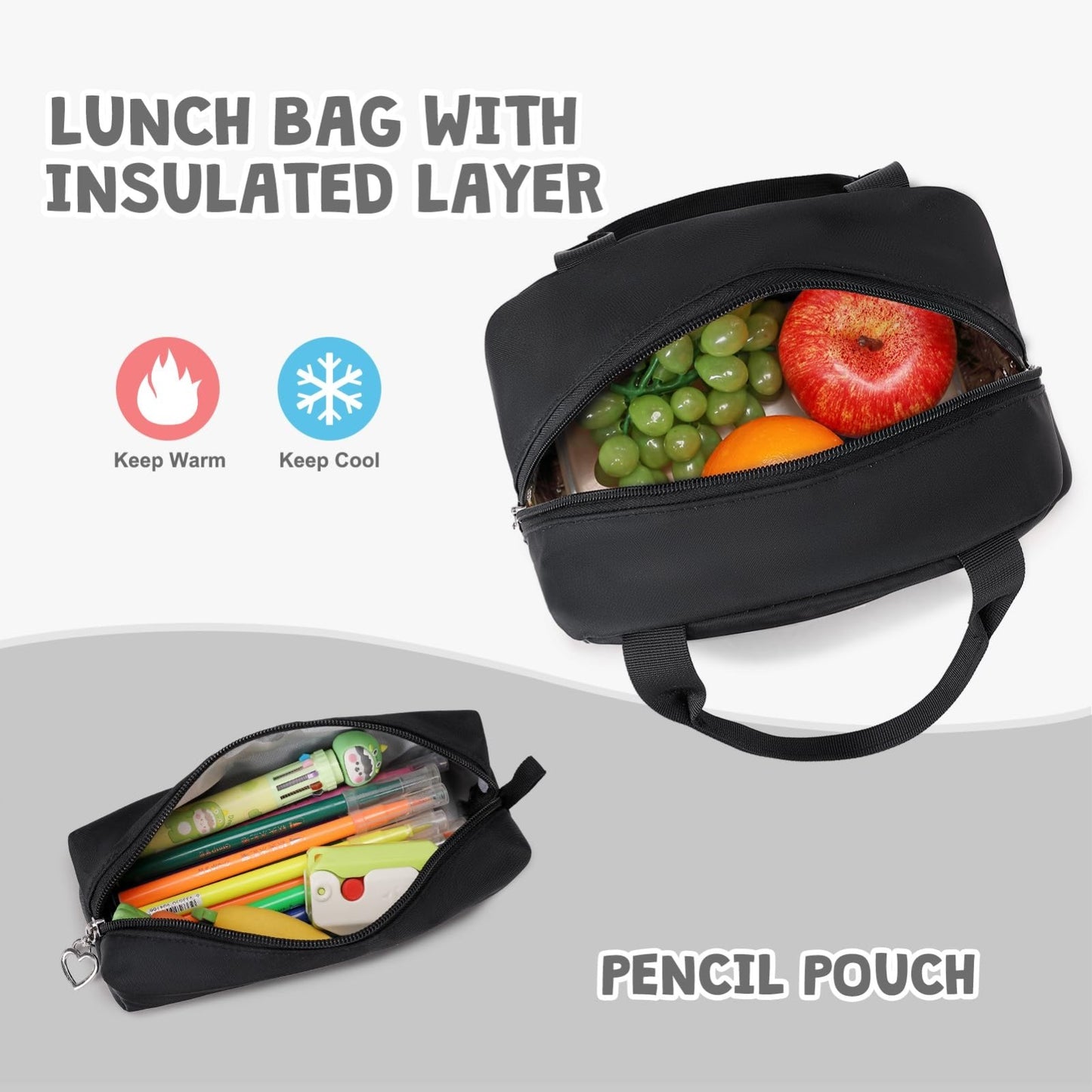 Stylish Girls Backpack with Lunch Bag & Pencil Pouch   Teen Laptop Bookbag, Blac5