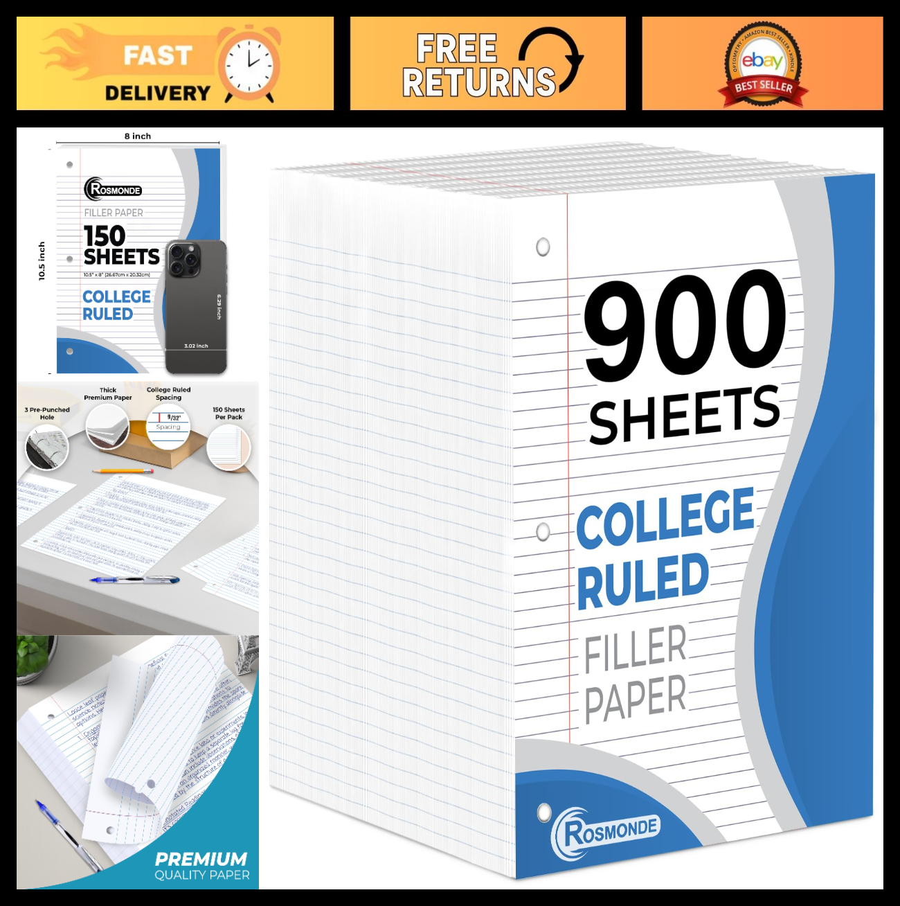 6 Pack College Ruled Loose Leaf Paper, 900 Sheets, 3 Hole Punched, 8"x10.50