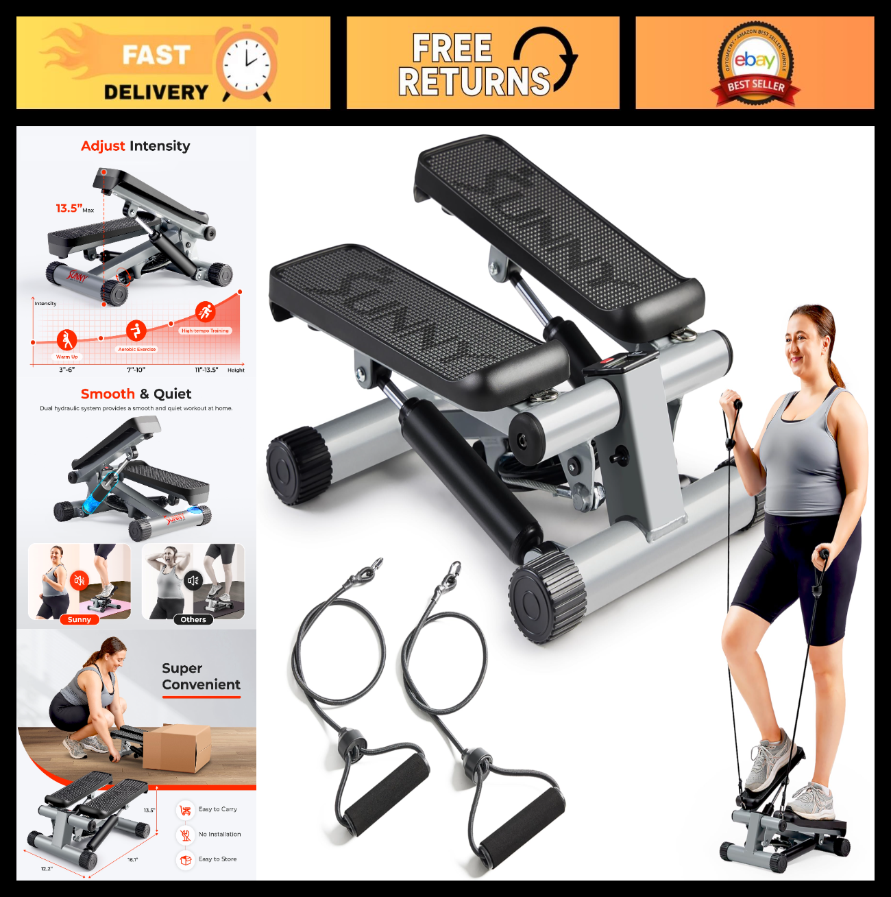 Mini Stair Stepper with Resistance Bands for Home Gym | Full Body Cardio, Adjust0