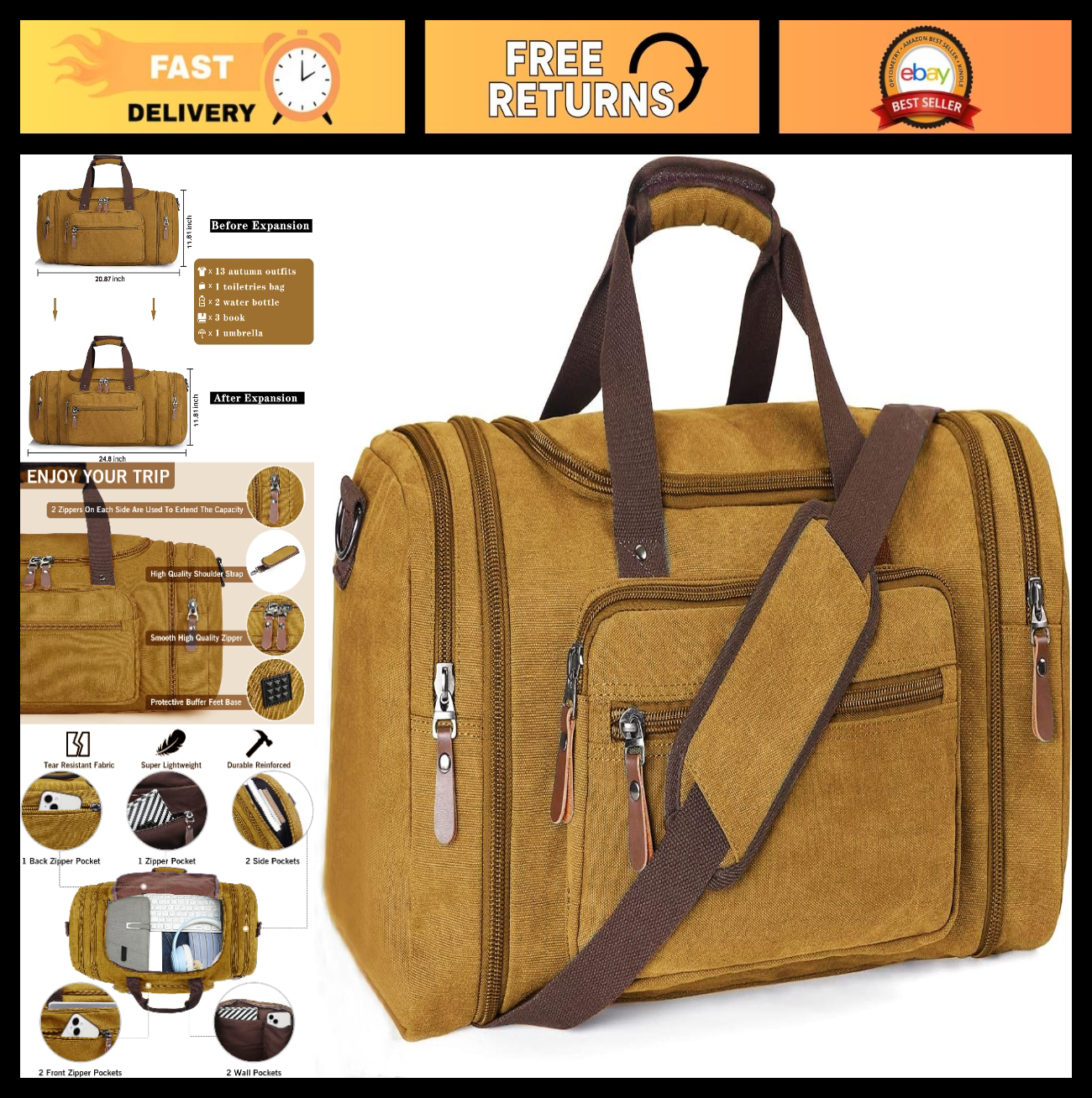 Large Canvas Leather Duffle Bag - Stylish Outdoor Shoulder Bag in Yellow0