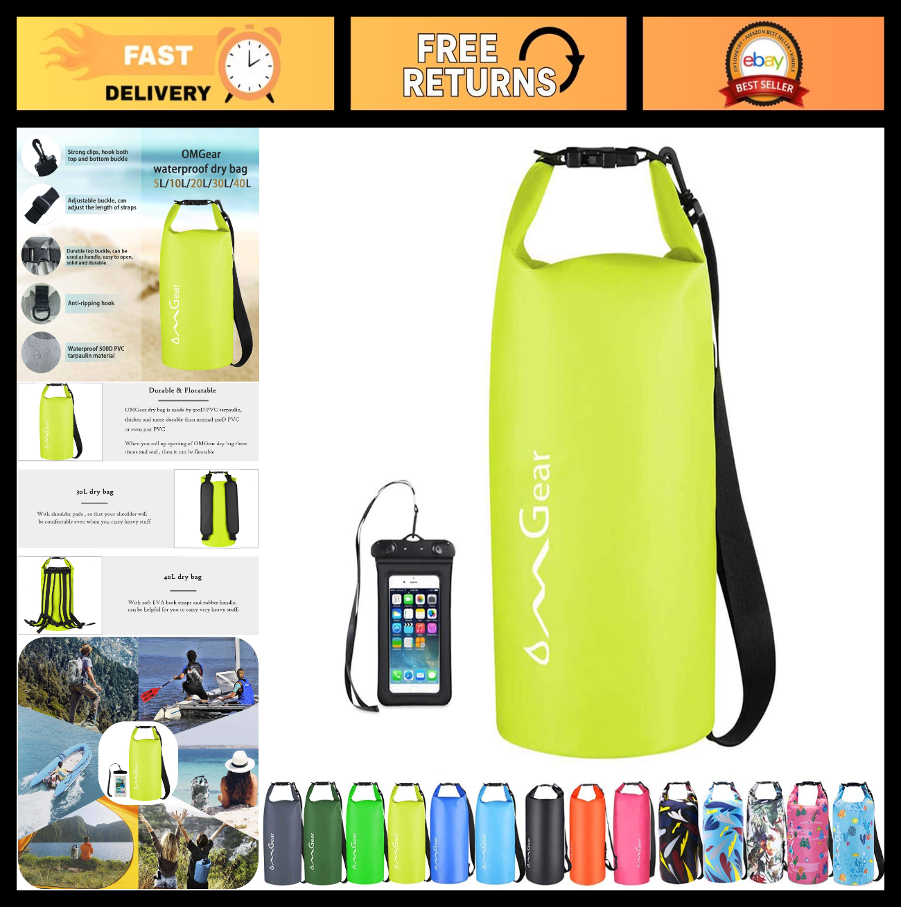 Waterproof Dry Bag Backpack 40L/30L/20L/10L/5L - Floating Sack for Kayaking & Ou0