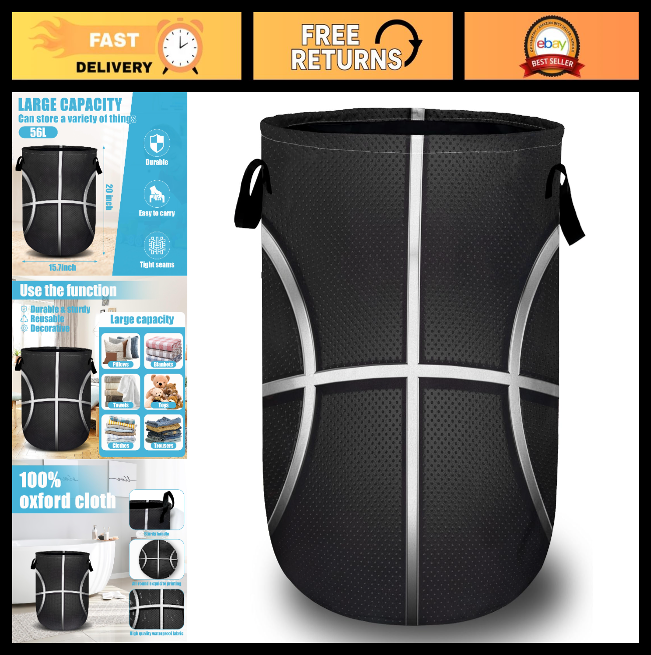 Collapsible Basketball Laundry Hamper - Oxford Cloth Storage Bin with Handle 15.0