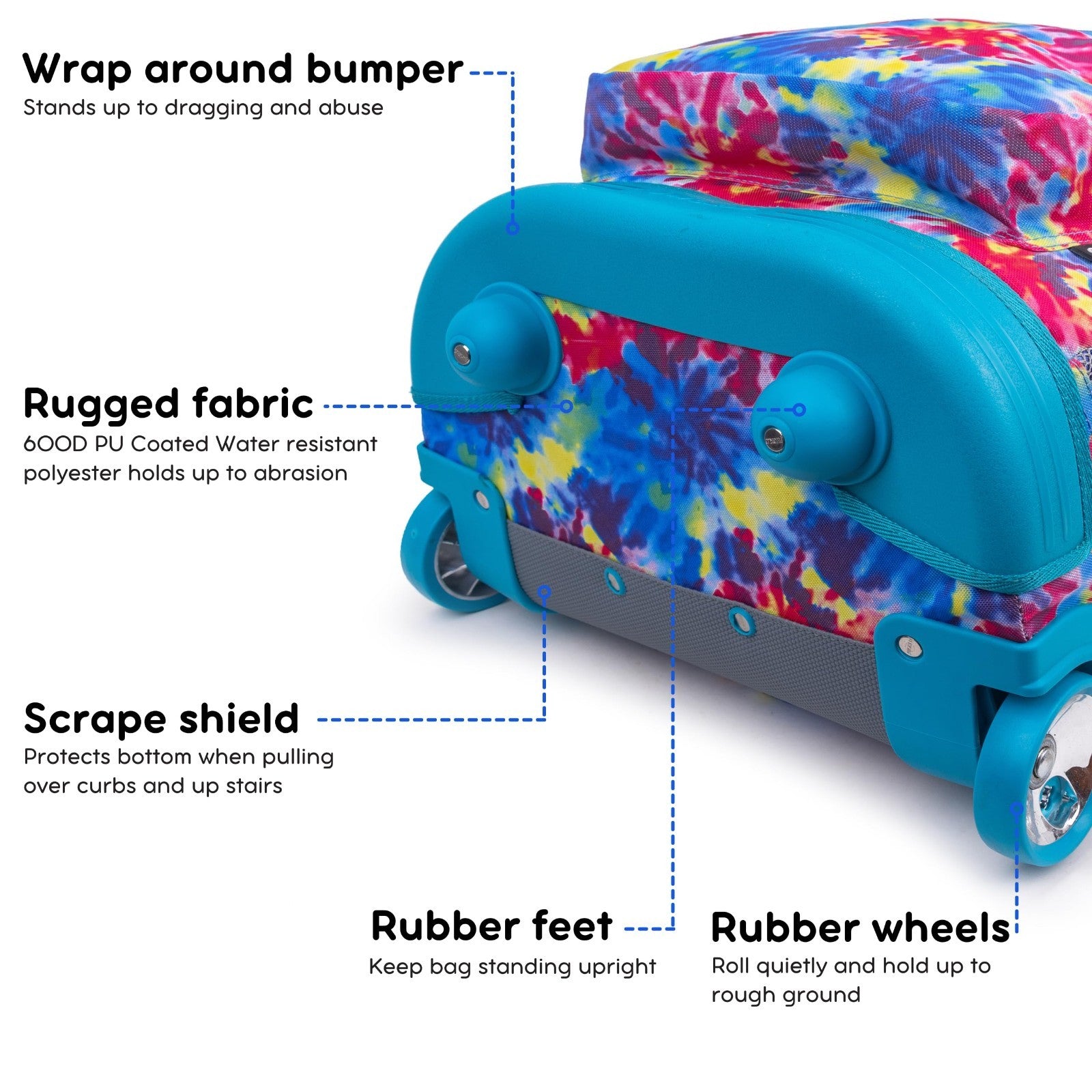 Kids Rolling Backpack with Wheels, Tie Dye School Bookbag for Girls & Boys, 18"x4