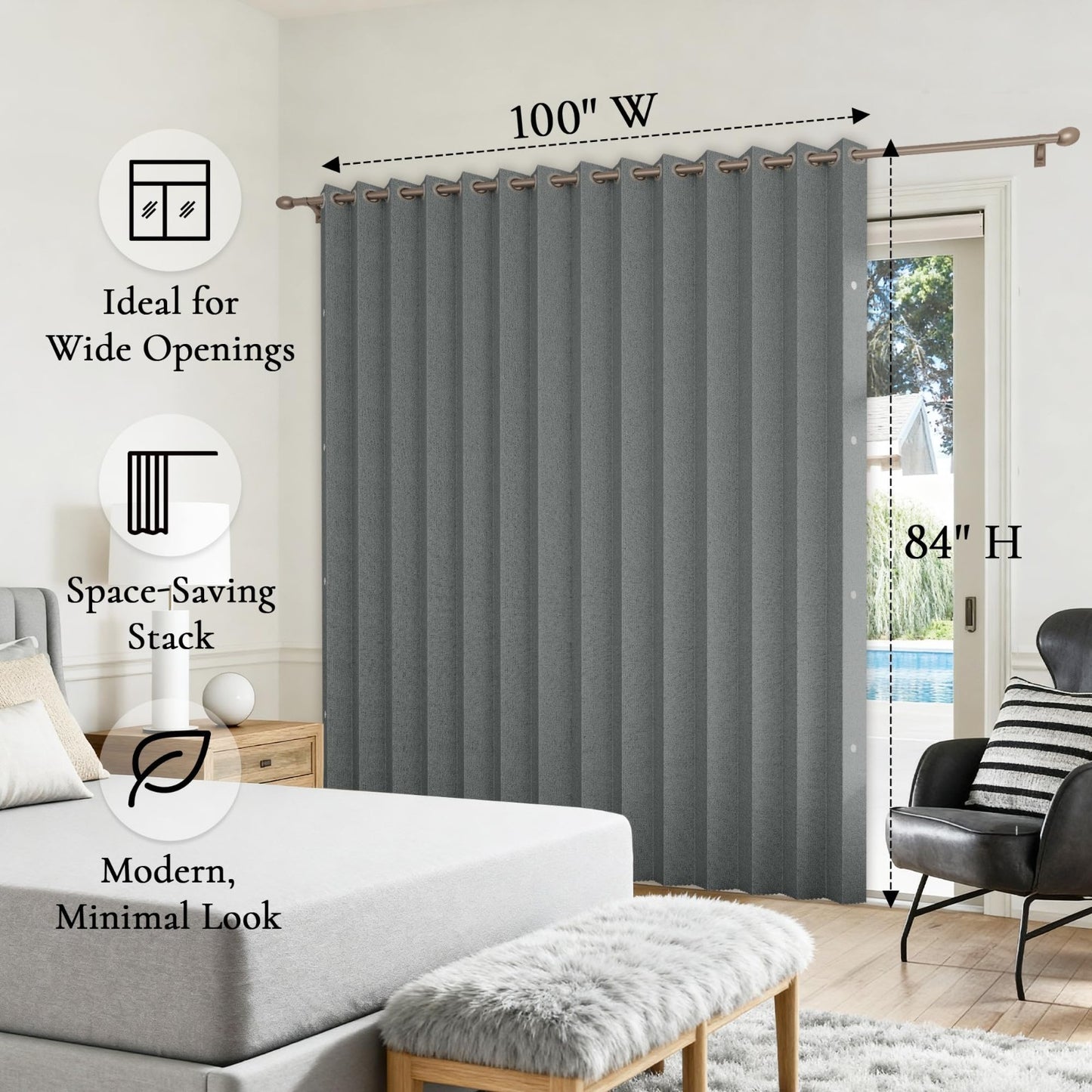 Vertical Fabric Shades for Sliding Glass & Patio Doors, Large Windows, Grey 100x8