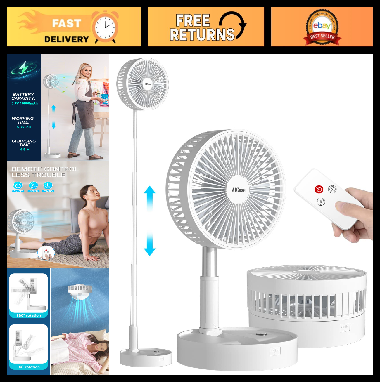 Portable Folding Stand Fan, USB Rechargeable 7200mAh, 4 Speed Adjustable Height,0