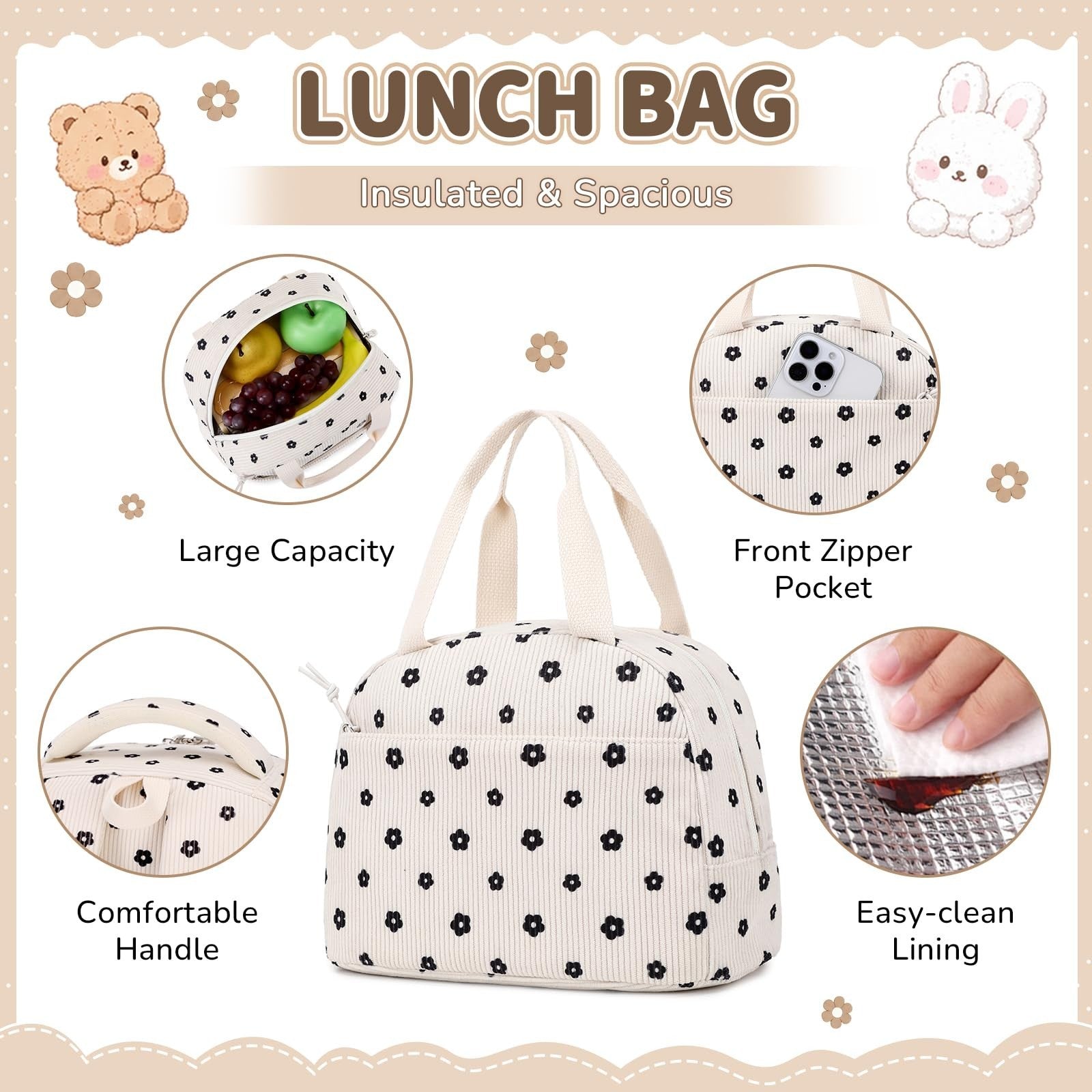 Kawaii Corduroy Backpack Set for Girls - 3PCS School Bag, Lunch Box & Pencil Cas6