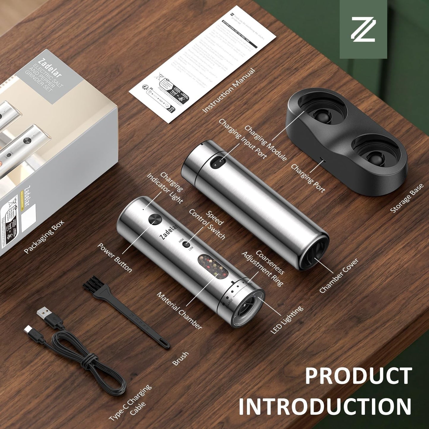 Rechargeable Electric Salt & Pepper Grinder Set   Adjustable Coarseness, One Han2
