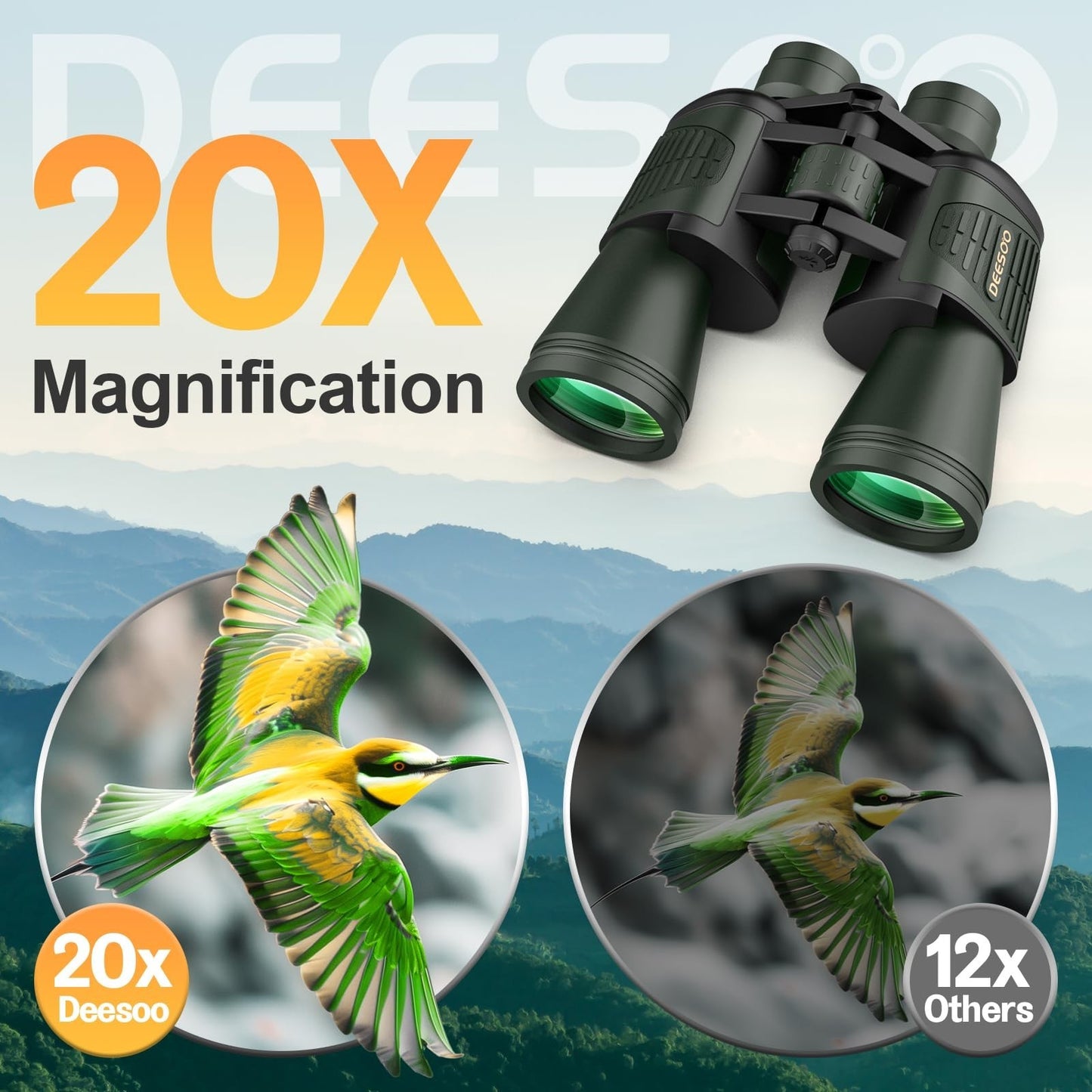 High-Powered 20x52 Binoculars - HD Large View, Low Light Vision for Hunting, Bir2