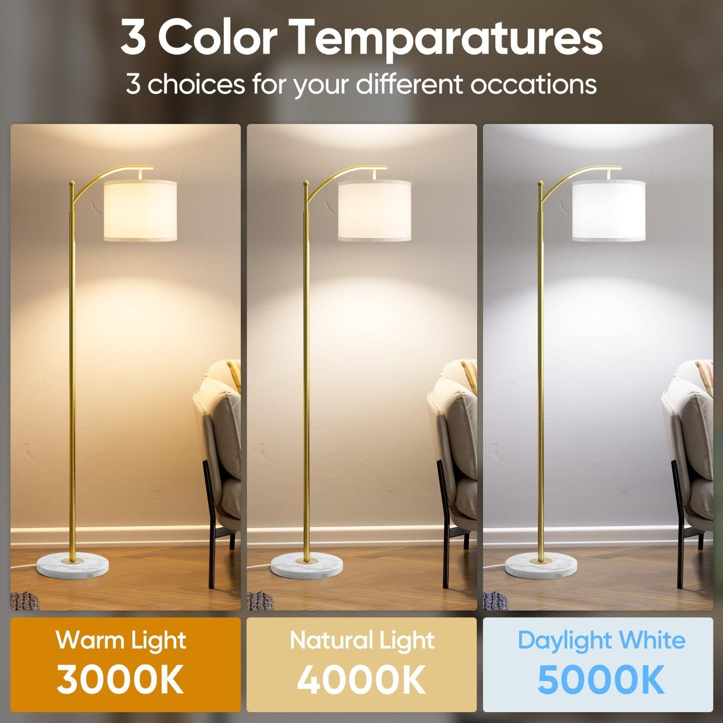 Modern Gold Floor Lamp with Marble Base, Adjustable Linen Shade, 3 Color Tempera2