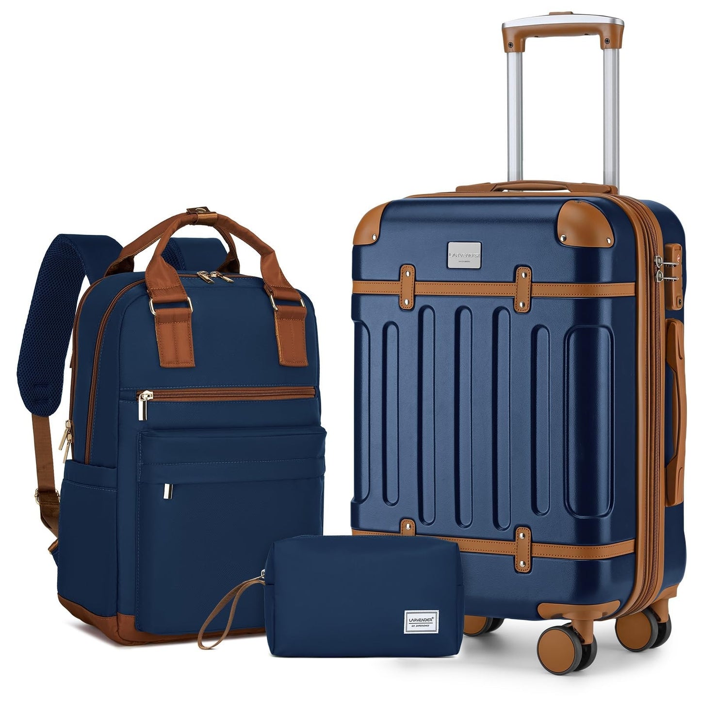 Expandable 3-Piece Carry-On Luggage Set, Navy - Airline Approved, 360° Spinner W0