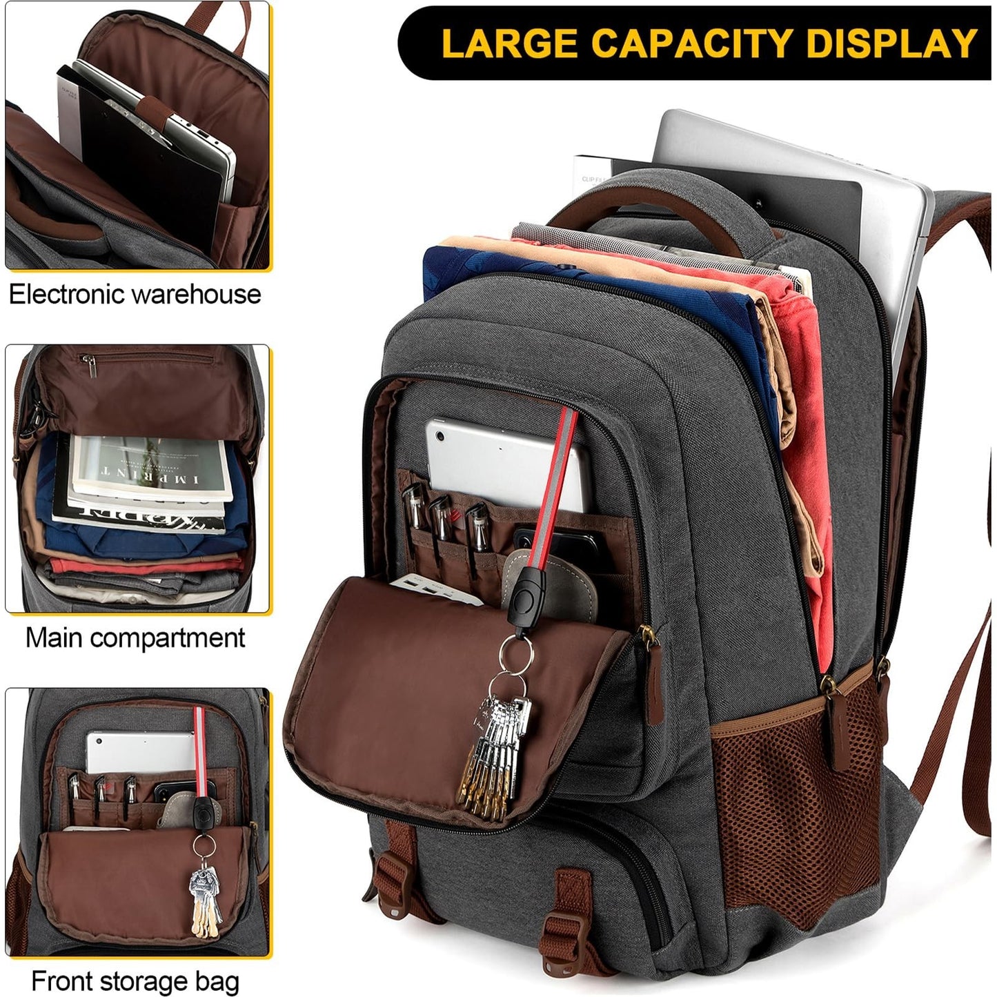 Large Capacity Canvas Laptop Backpack for Men & Women, Fits 17.3" Laptop, Travel3