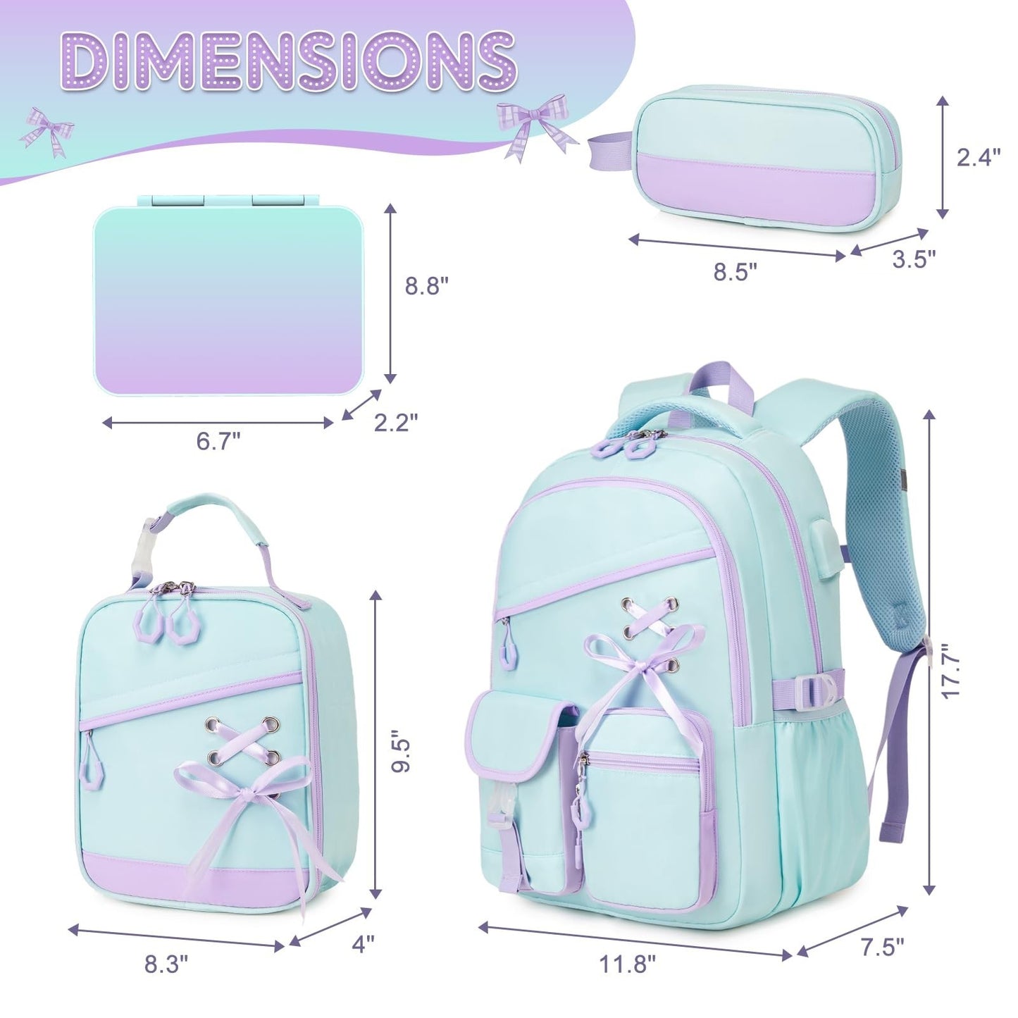 Girls' Backpacks Set   6PCS with Bento Box, Lunch Bag & Pencil Pouch   Aquamarin2