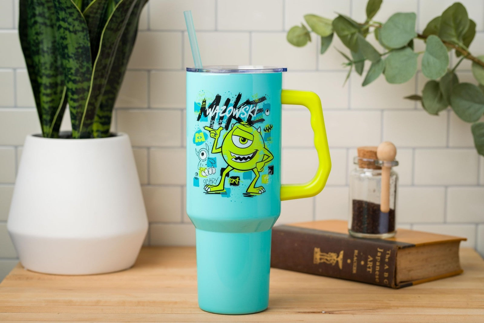 40oz Double Walled Stainless Steel Tumbler with Handle   Mike Wazowski Design, F2