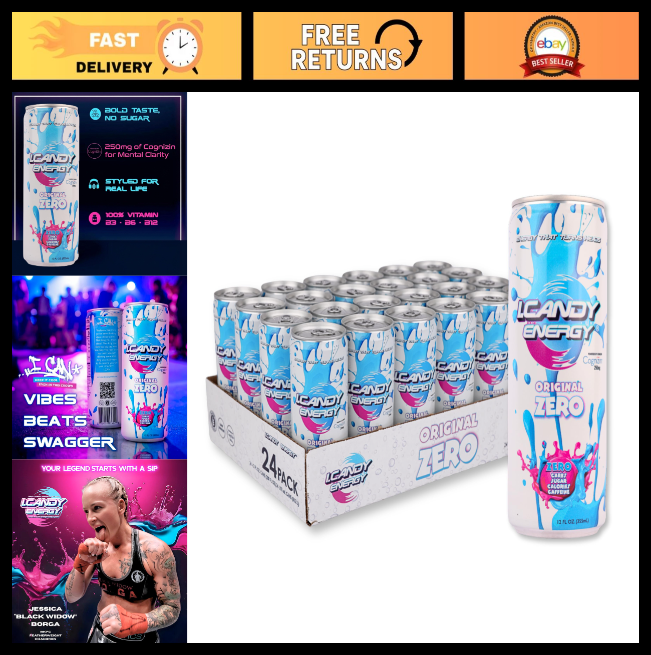 Caffeine-Free Sugar-Free Energy Drink 24 Pack, Zero Calorie, Mental Focus, 250mg0