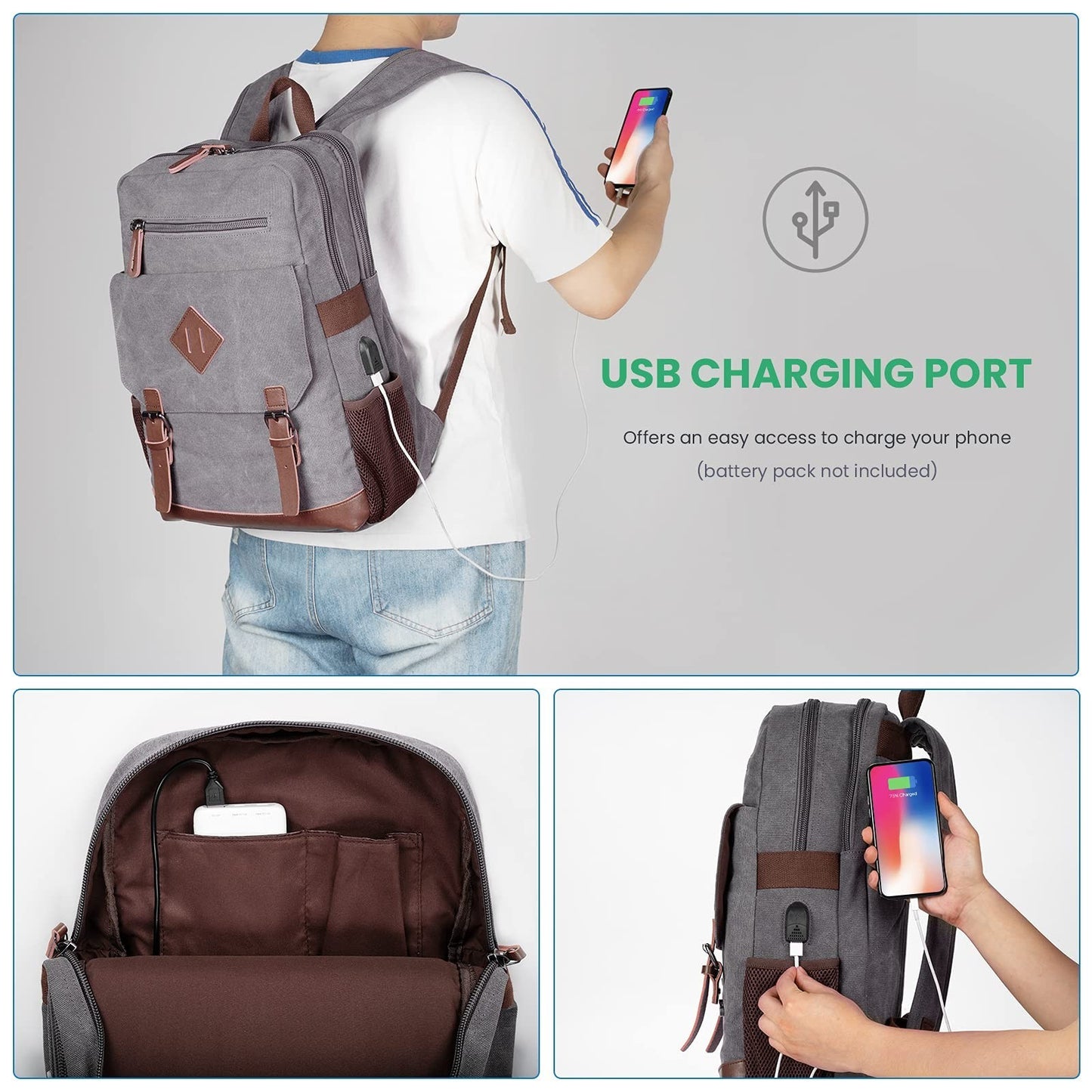 Vintage Canvas Laptop Backpack with USB Charging Port, Fits 15.6" Computer Bag2