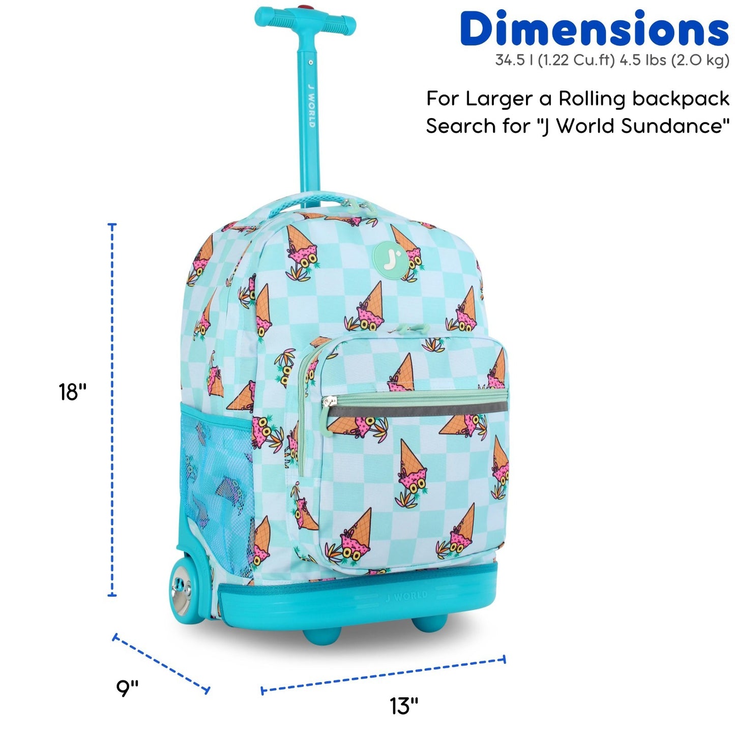 Kids Rolling Backpack with Wheels, 18x13x9, Ice Cone Design, School Bookbag for6