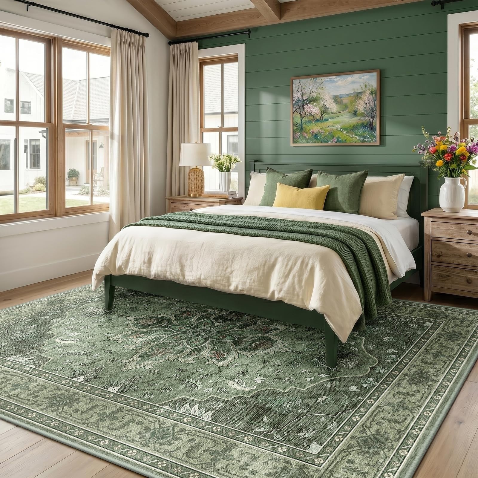 Washable 8'x10' Area Rug   Green/Dark Green/Gray, Non Slip, Pet Friendly, Vintag1