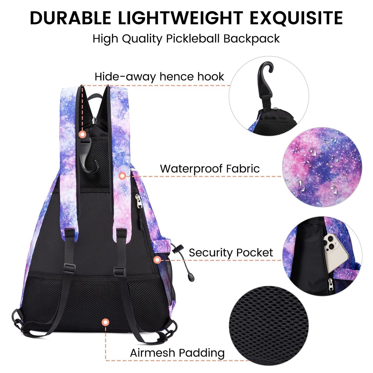 Adjustable Pickleball Backpack with Fence Hook, Large Capacity & Safety Pocket3