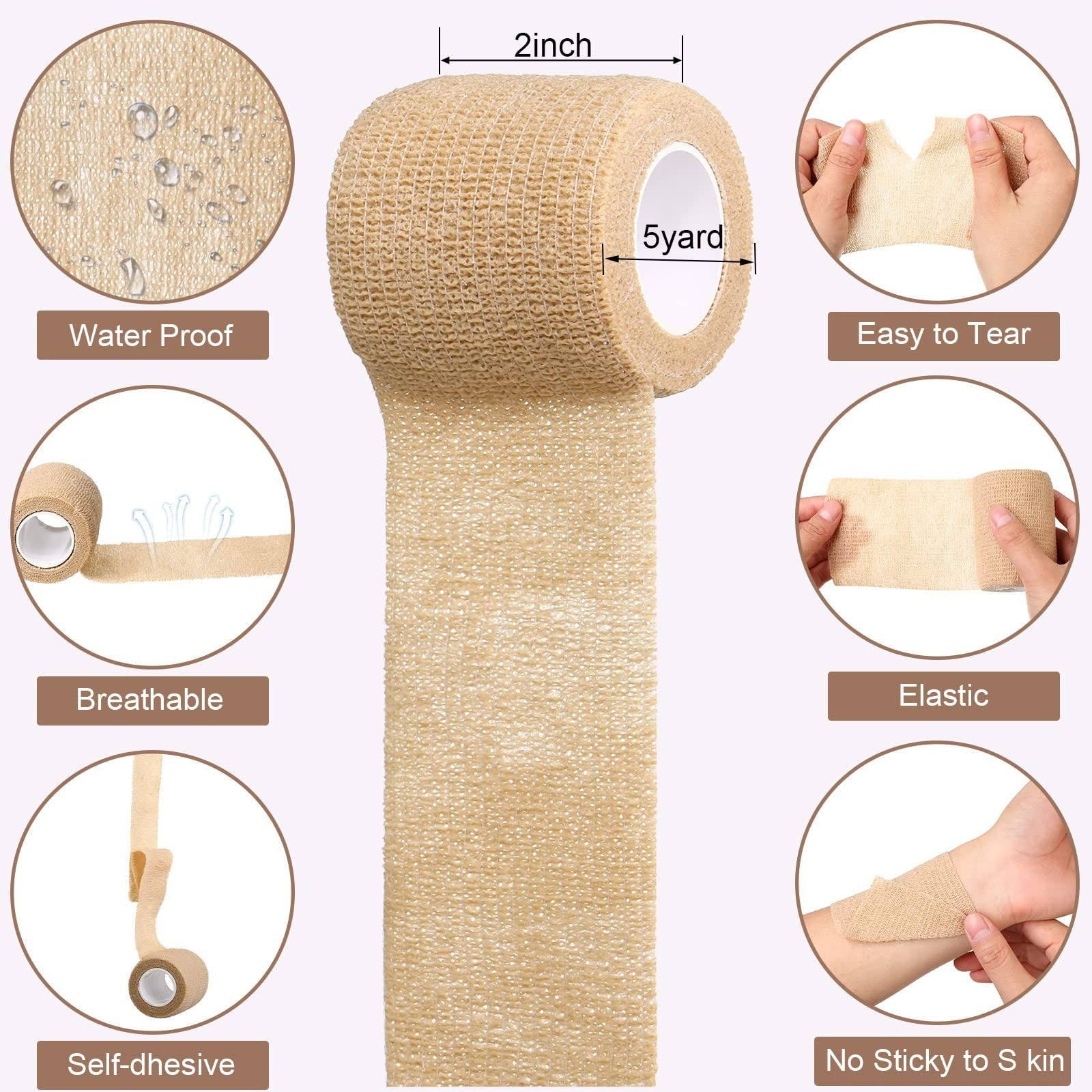 48 Pack Self Adhesive Wrap Bandage 2" x 5 Yards   Elastic Cohesive Tape for Spor2