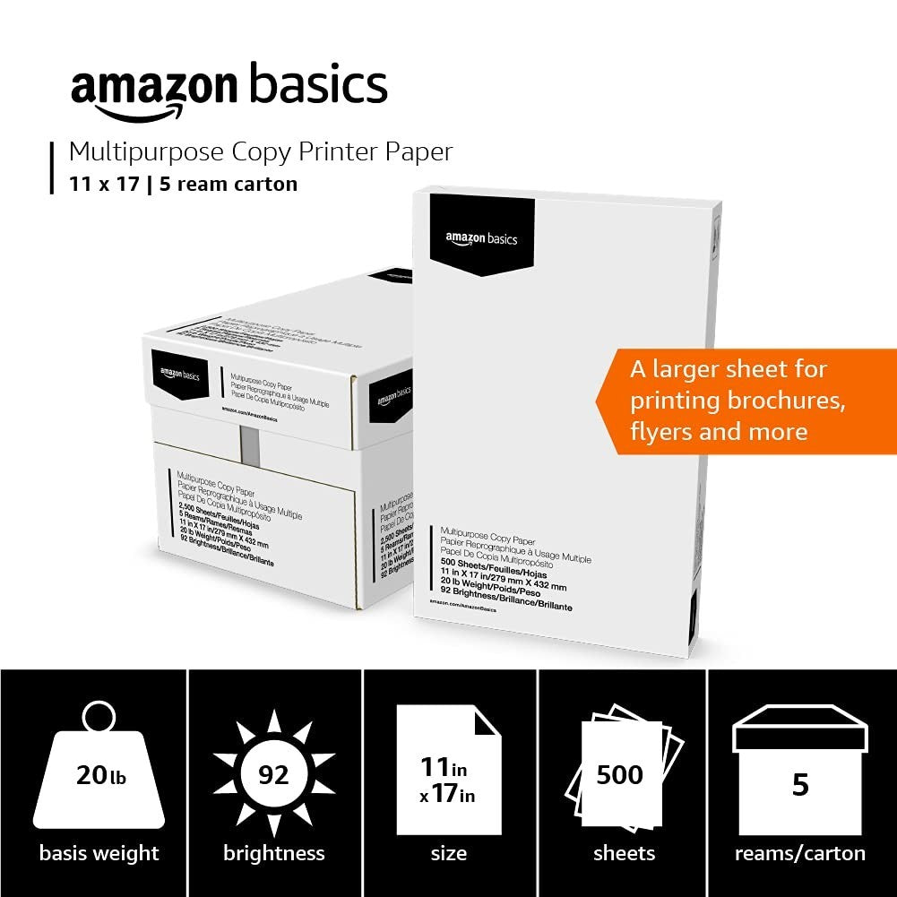 Multipurpose Copy Printer Paper 20 lb, 11x17 Inches, 2500 Sheets, Bright White R4