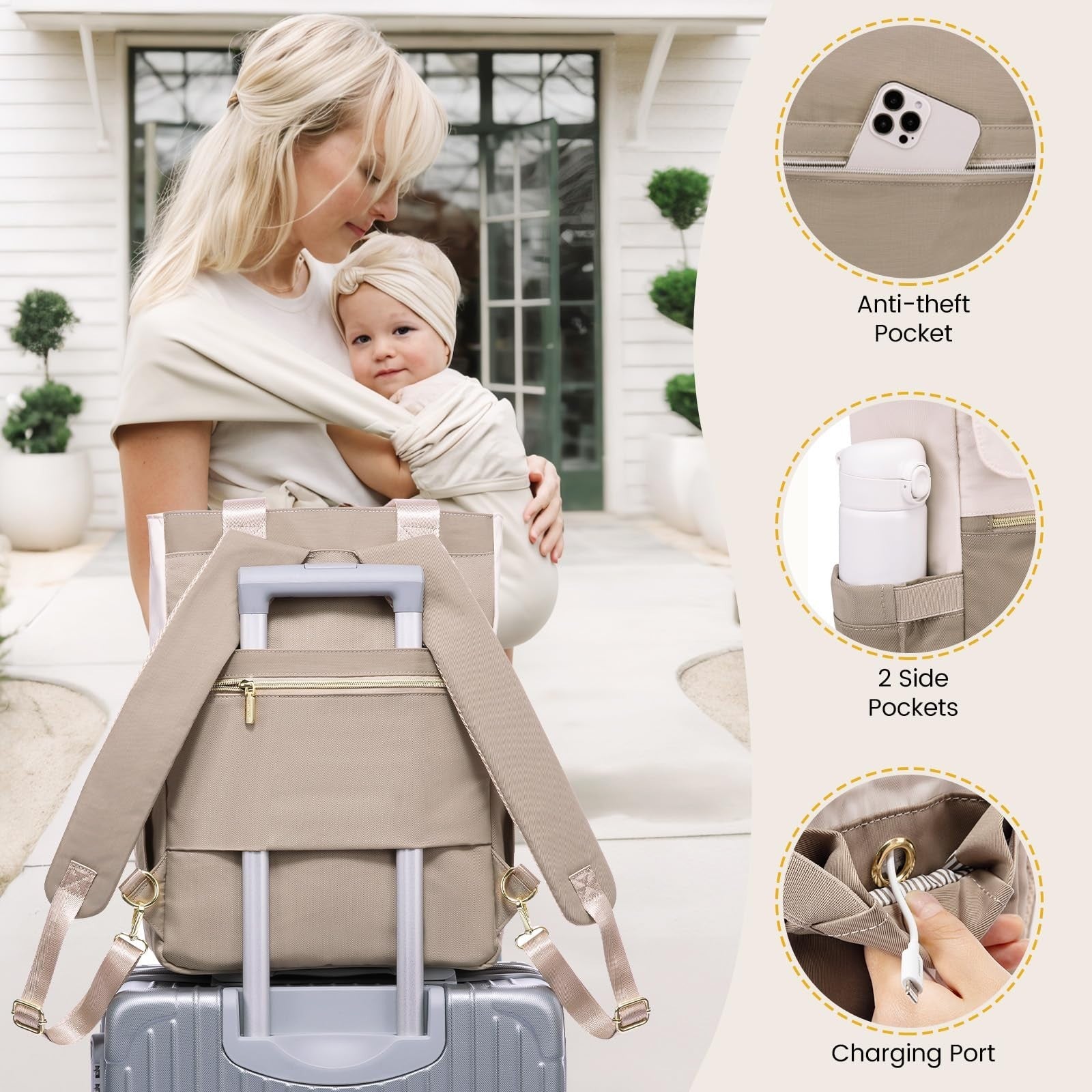 Diaper Bag Backpack Tote with Insulated Pockets & Changing Pad   Stylish & Funct6