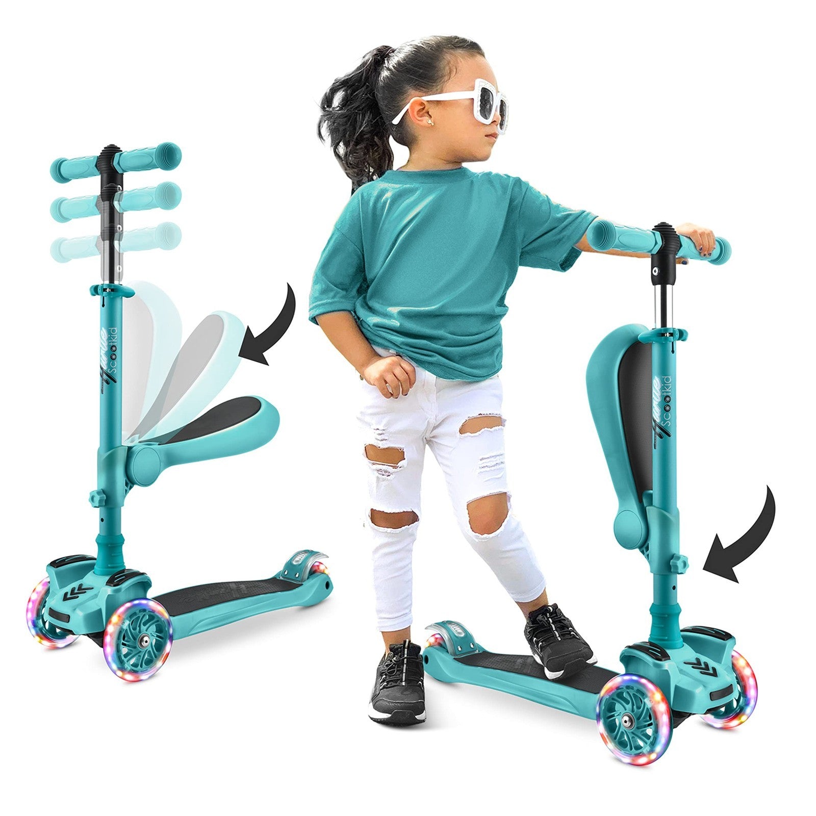 3-Wheeled Kids Scooter with LED Lights, Adjustable Handlebar, Foldable Seat - Si1