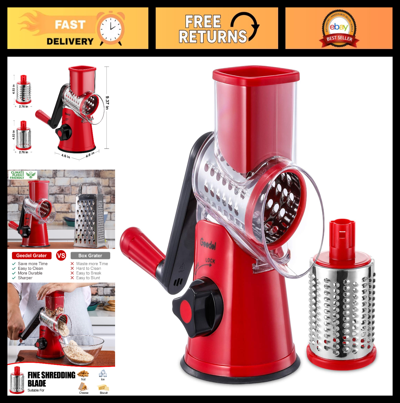 Rotary Cheese Grater & Vegetable Slicer with 2 Blades   Easy Clean Kitchen Tool0