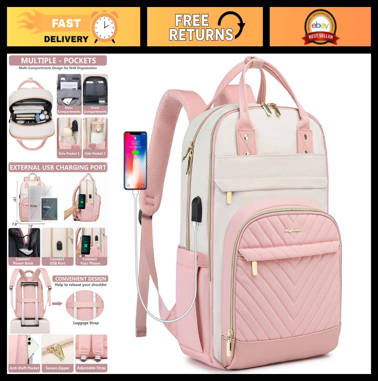 Waterproof Laptop Backpack for Women   17" College Bookbag with USB Charger, Ant0