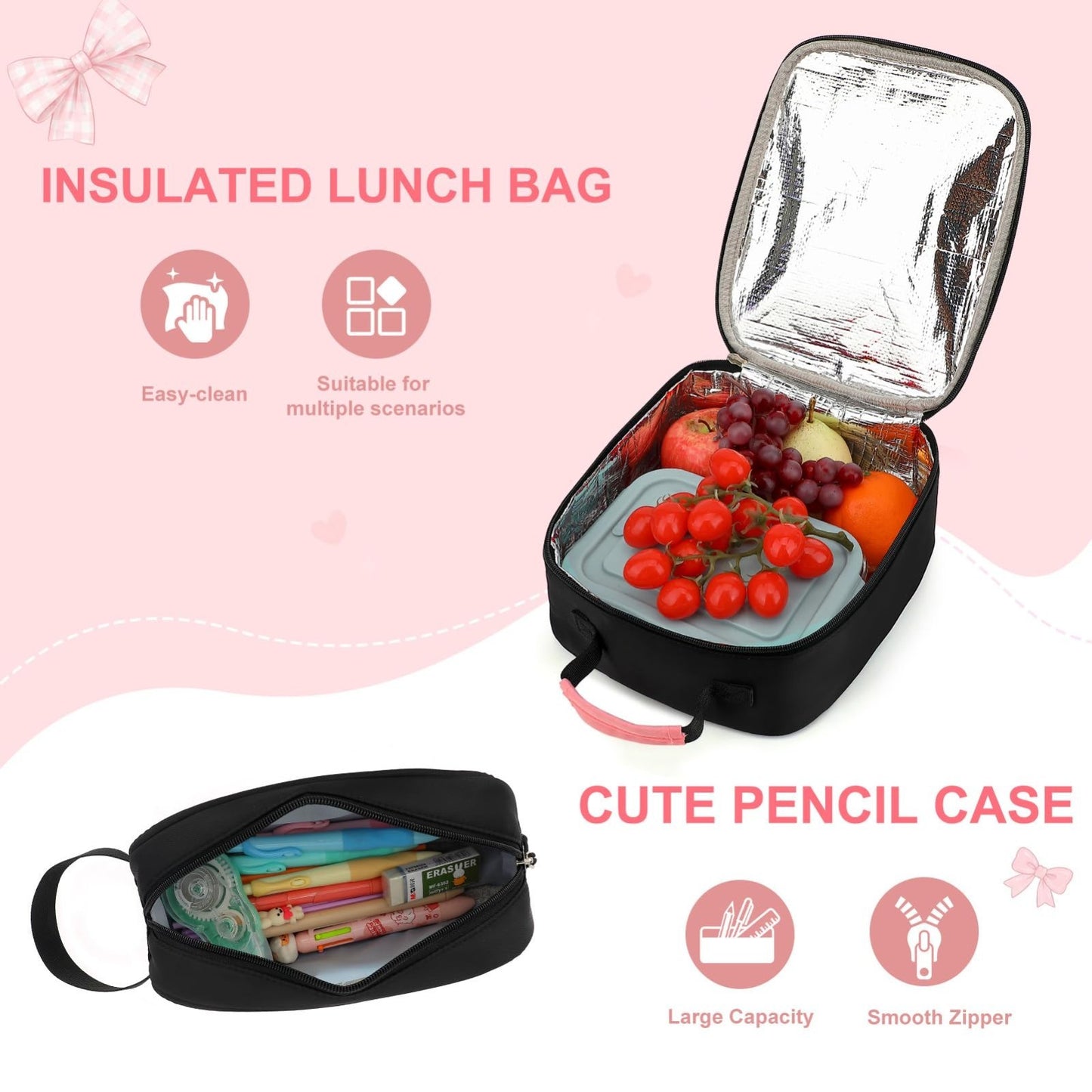 Girls Bow Backpack Set   3PCS with Lunch Bag & Pencil Case, Cute School Bag6