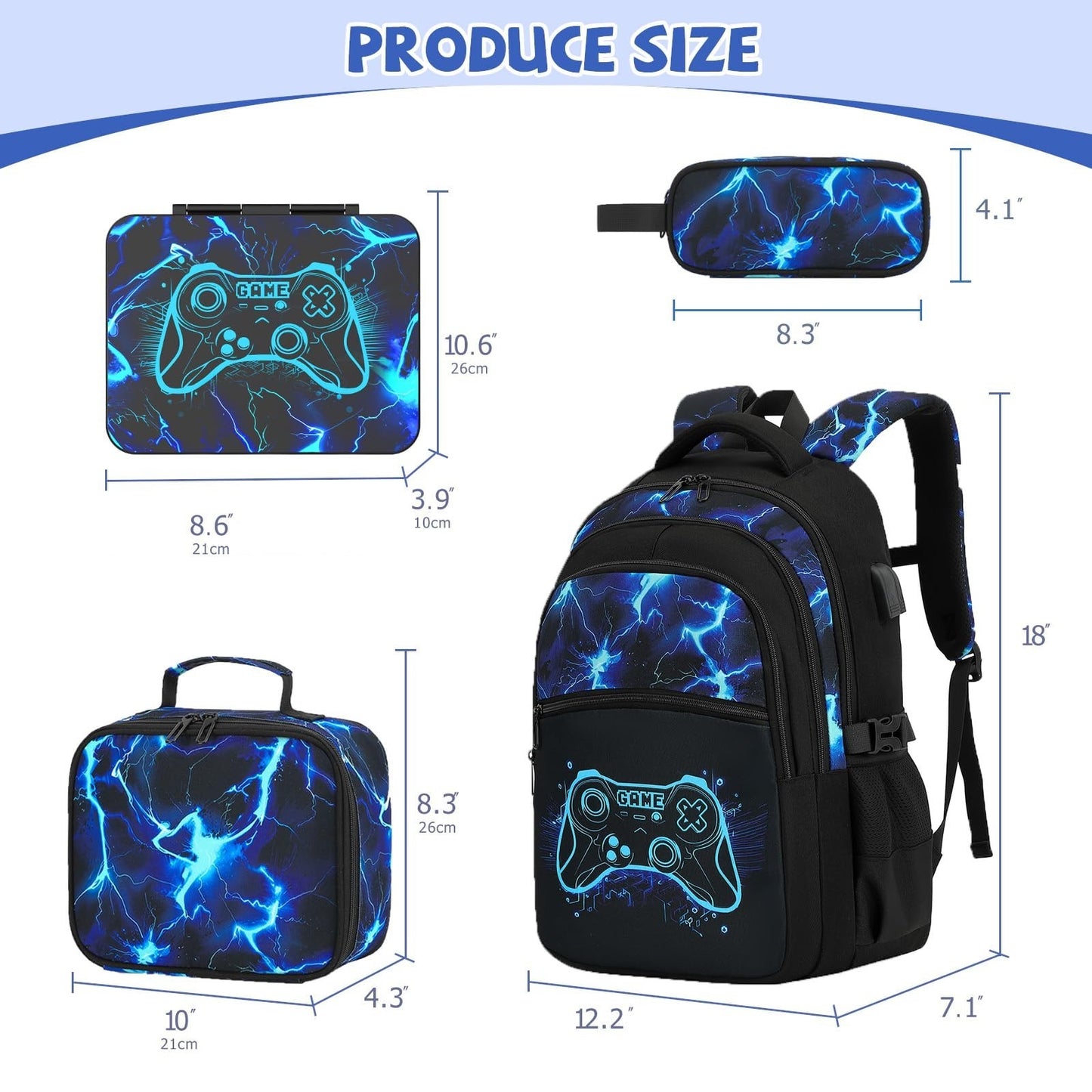Cool Luminous Gamer Backpack Set for Boys   6PCS with Lunch Bag & Pencil Case, S2