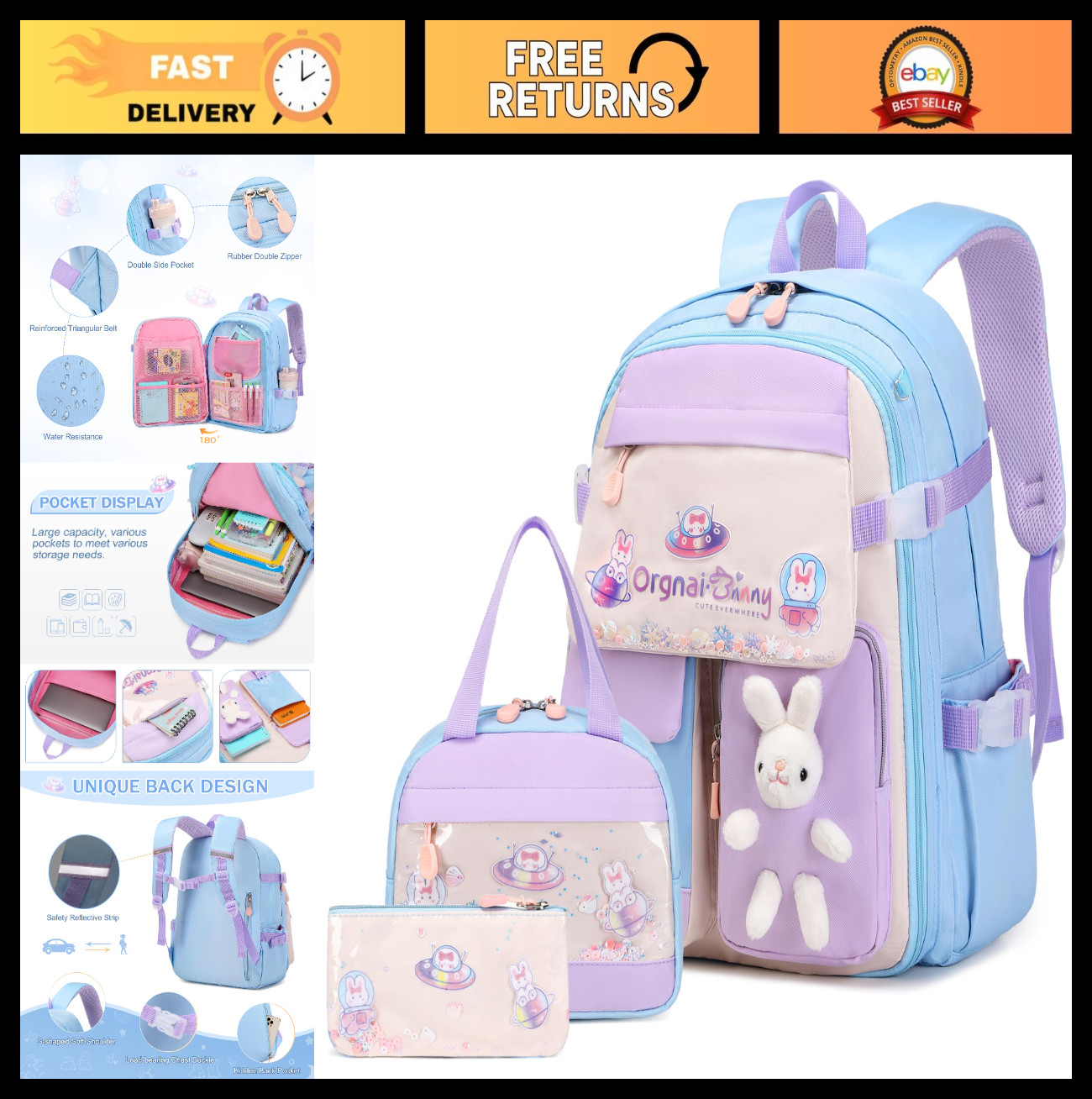 Cute Bunny Girls Backpack Set   3PCS School Bag with Lunch Box & Pencil Case, Bl0