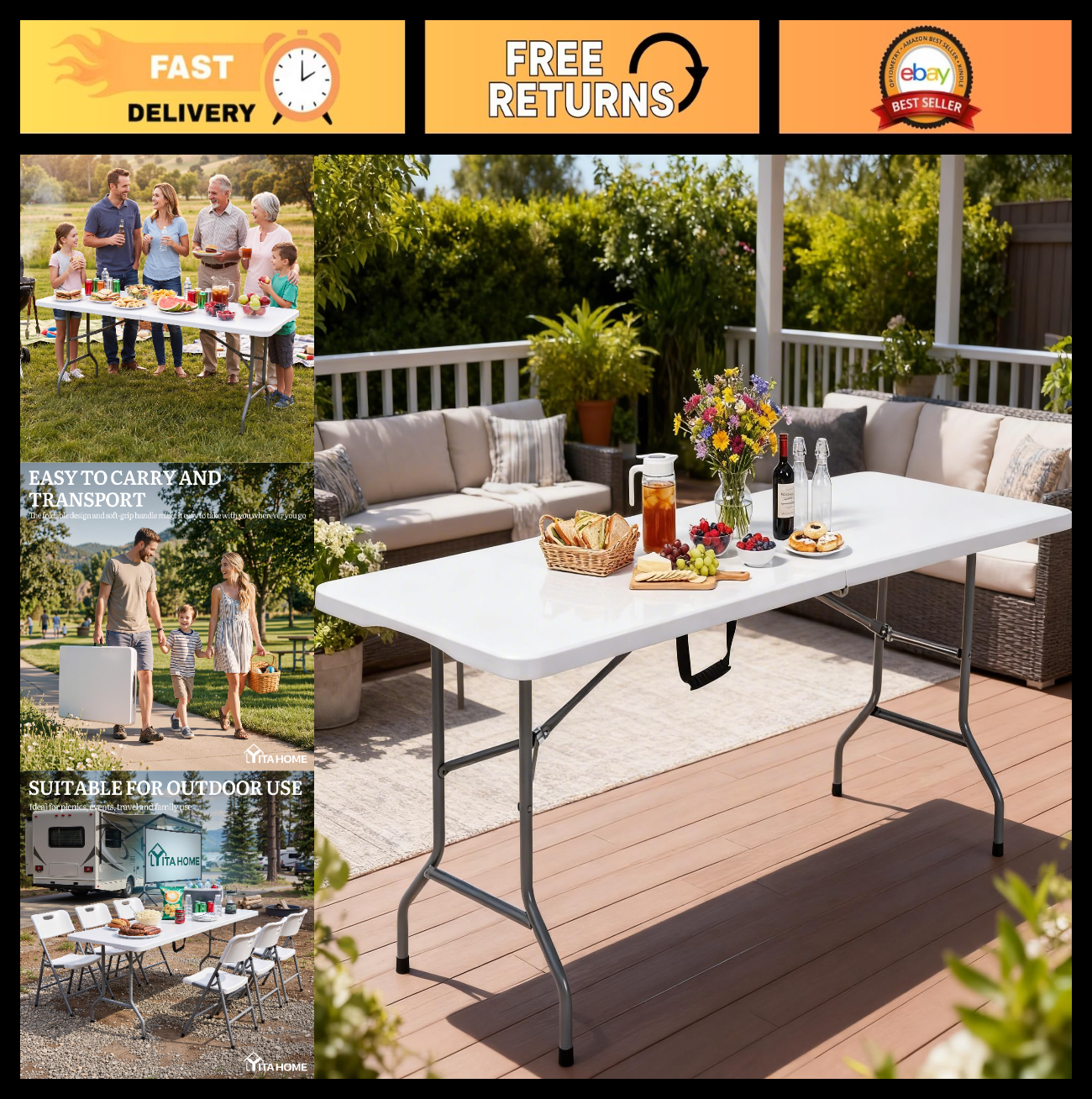 **Optimized eBay Title:**  Portable 6ft Heavy-Duty Folding Table with Handle -0