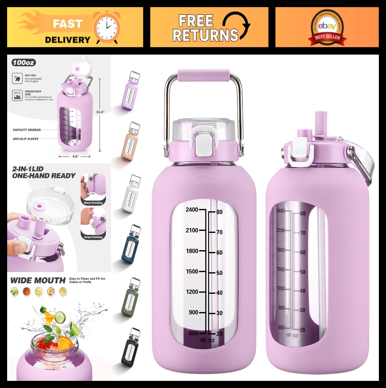 100oz BPA-Free Glass Water Bottle with Time Marker & Silicone Sleeve - 3L Jug0